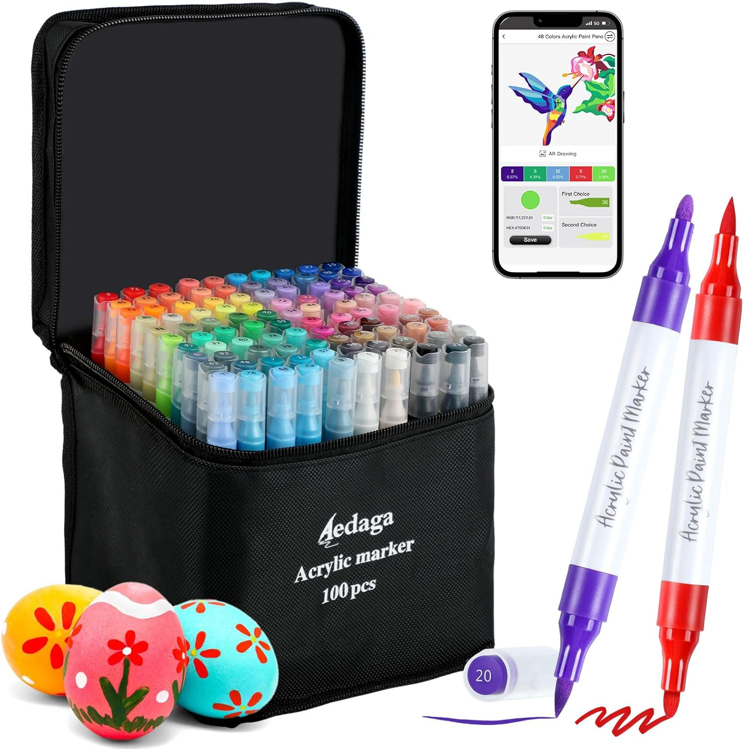 120 Colors Acrylic Paint Pens with Free App, Dual Tip Acrylic Paint Markers with Brush Tip and Fine Tip for Adults, Kids, Eggs, Wood, Rock, Canvas, Plastic, Stone, Glass, Ceramic