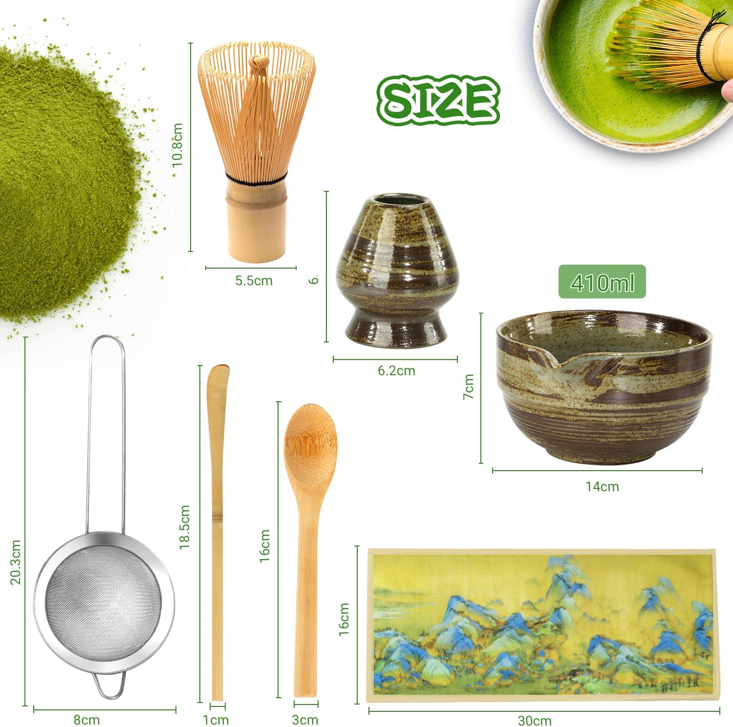 Matcha Whisk Set 7 Pcs- Japanese Traditional Tea Ceremony, Match Bowl with Spout, Whisk, Bamboo Scoop&times;2, Whisk Holder, Tea Cloth, Matcha Whisk Set Matcha Green Tea Making Kit (Classical Green) image number 1
