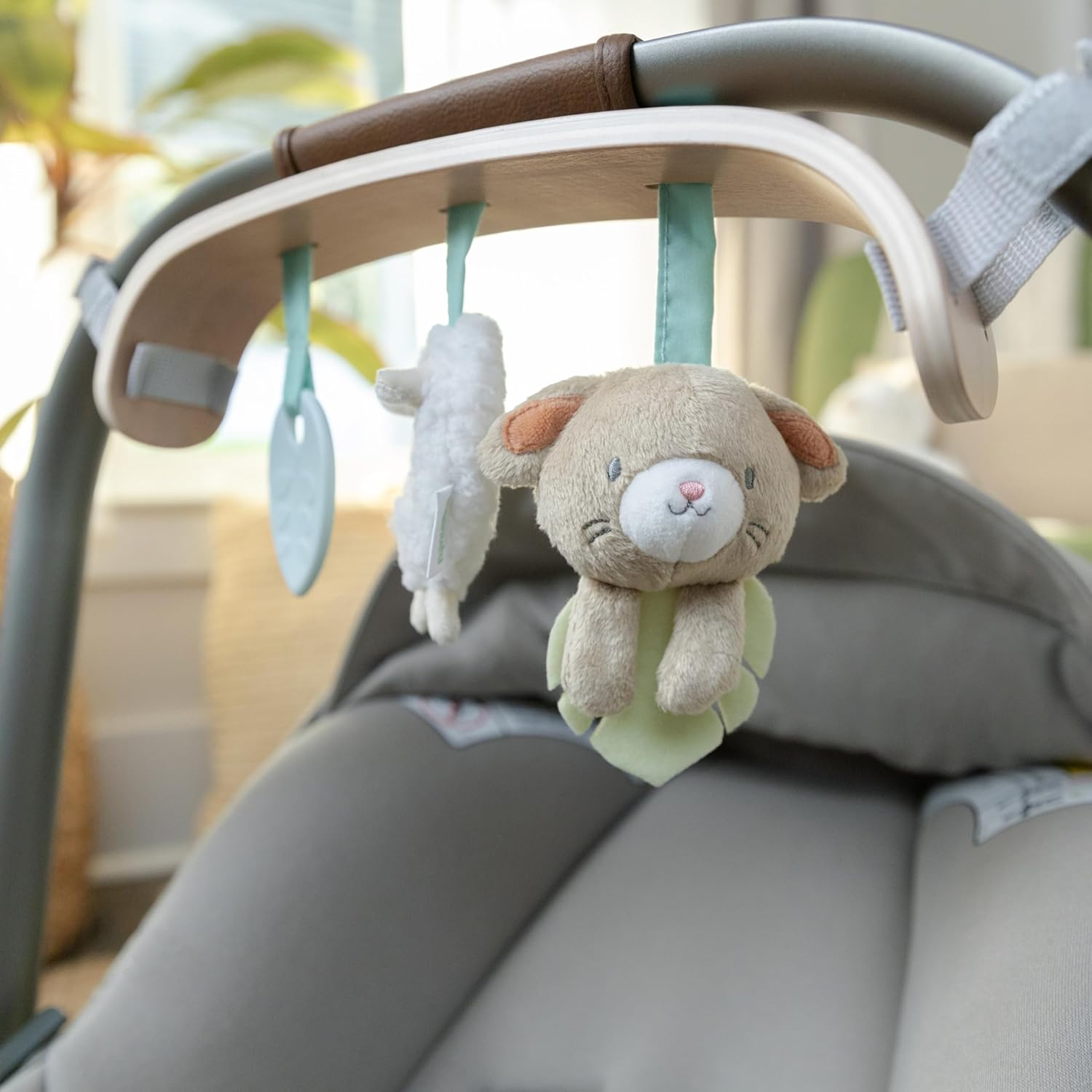 Ingenuity Soothing Essentials Wood Carrier Toy Bar, Montesorri-Inspired, 3 Removable Toys, for Ages 0-12 Months