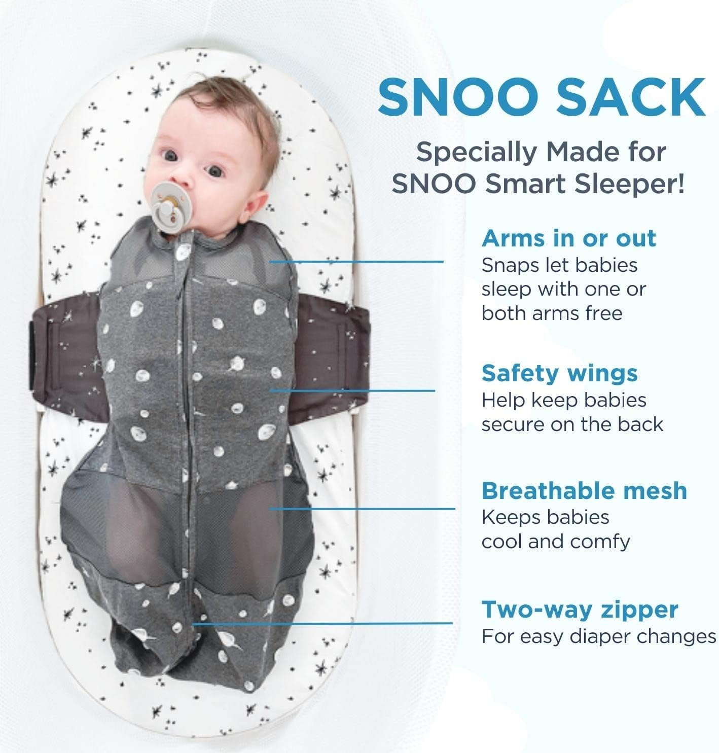 Happiest Baby SNOO Sleep Sack - 100% Organic Cotton Baby Swaddle Blanket - Doctor Designed Promotes Healthy Hip Development (Ivory Planets Black Wings, Small) image number 3