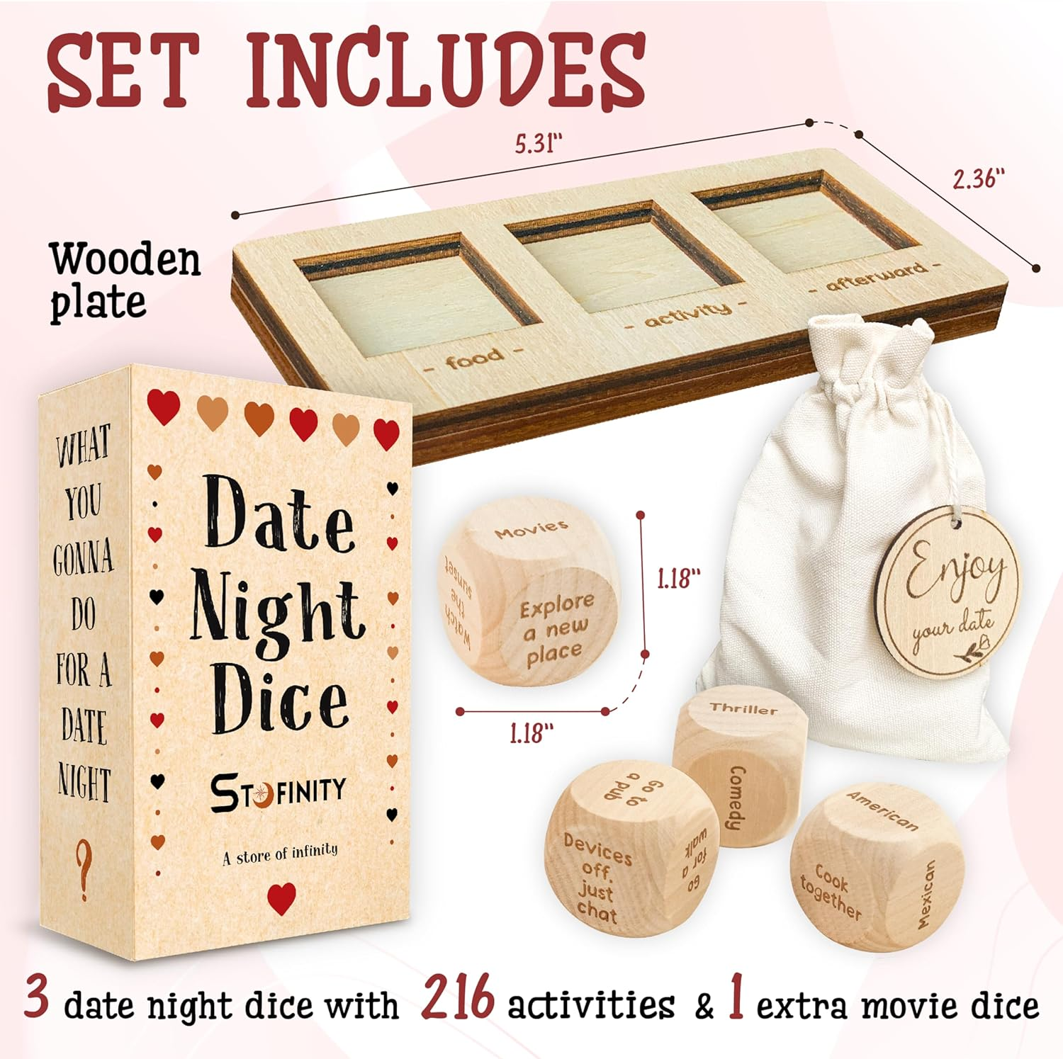 Stofinity Date Night Dice for Couples - Food Dice Game, Take Out Dice, Funny Anniversary Wooden Gifts for Him Her, What to Watch Decision for Movie Dice, Romantic Wood Couple Date Night Ideas image number 1