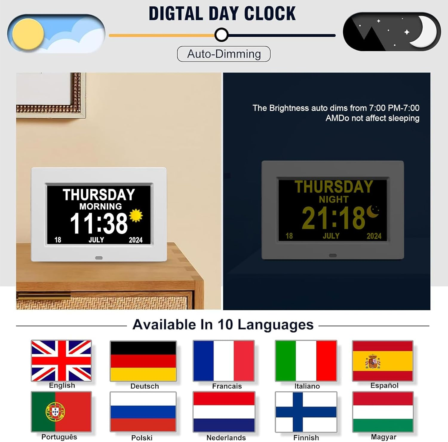 Dementia Clock for Seniors - 7" Large Clock for Seniors with Dementia, Digital Clock with Date & on Time Alarms, Remote Control, Dementia Wall Clocks for Elderly- White
