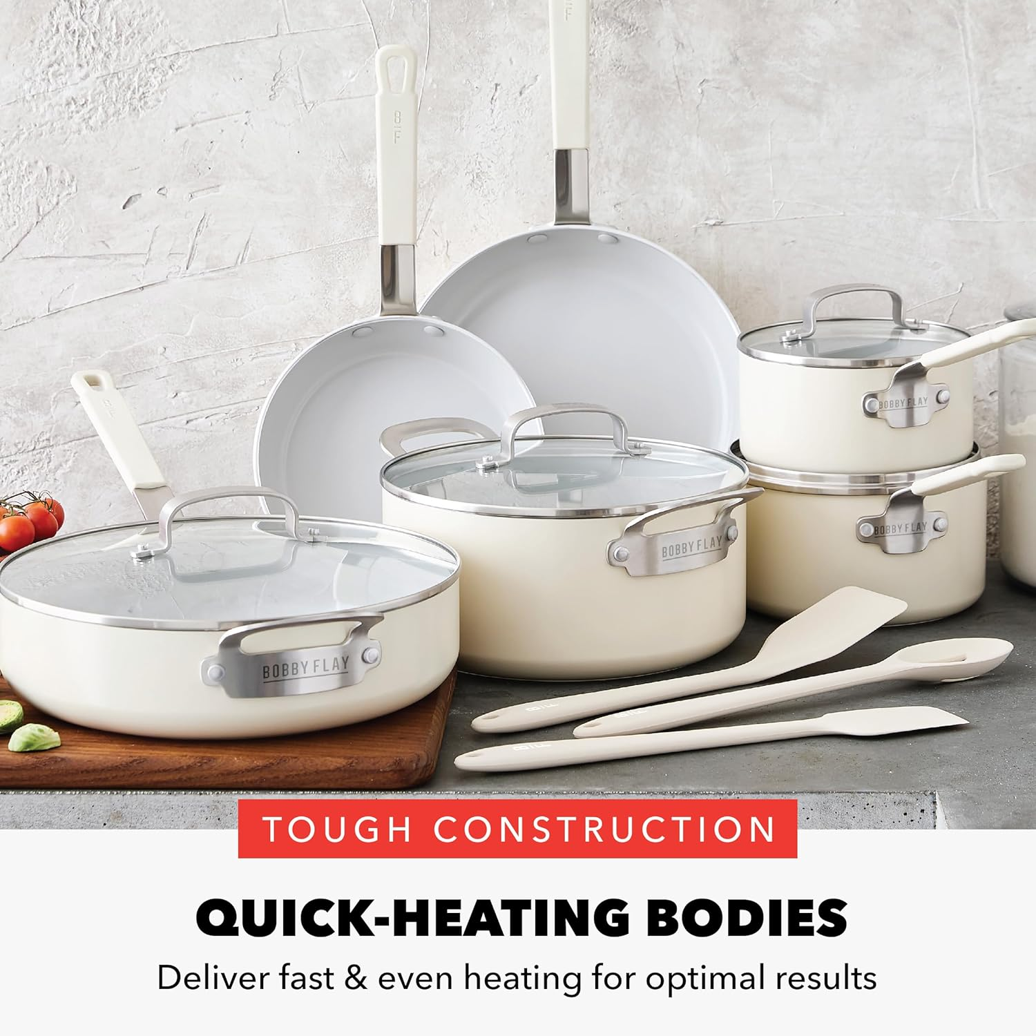 Greenpan X Bobby Flay 13 Piece Cookware Pots and Pans Set, Professional Grade Aluminum, PFAS & Pfoa-Free Ceramic Nonstick, Induction Suitable, Stay-Cool Silicone Handle, Dishwasher & Oven Safe, Cream image number 6