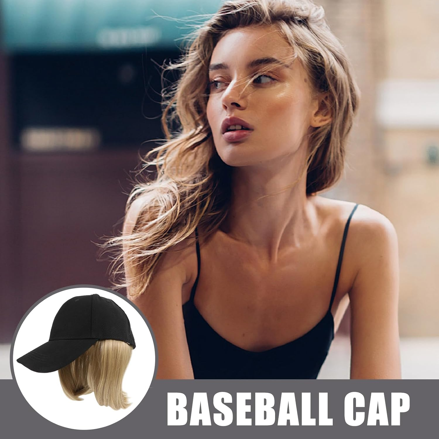 LALAFINA Baseball Cap with Hair Extensions, Wigs Cap Canvas Hat Straight Short Bob Hairstyle Adjustable Wig Hat Short Ponytail Baseball Wig Cap with Attached for Women image number 4