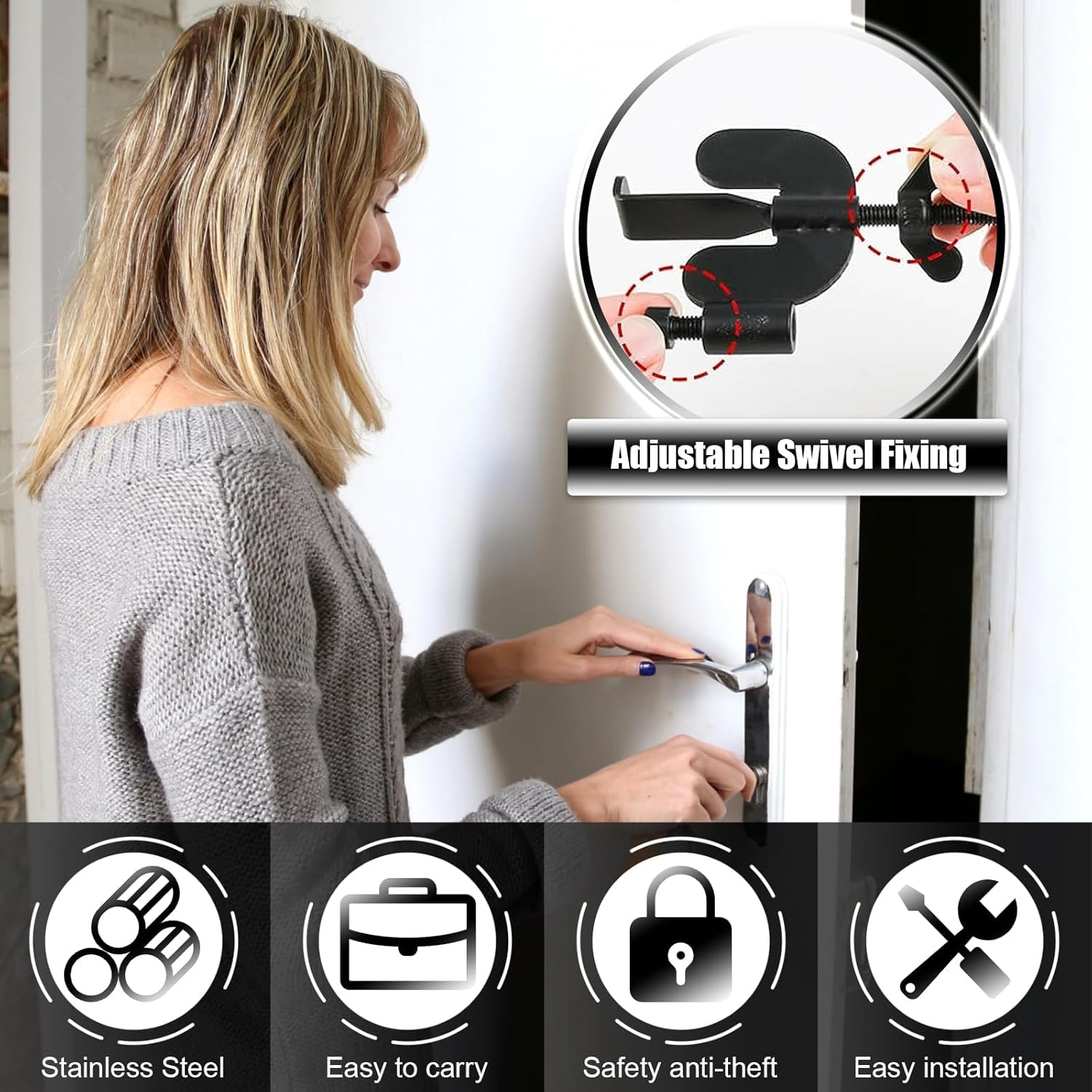 Home Security Door Locker, Metal Portable Door Lock for Travel, 3 in 1 Door Lock for Traveling, Hote, Home, School, Apartment (Black) image number 1