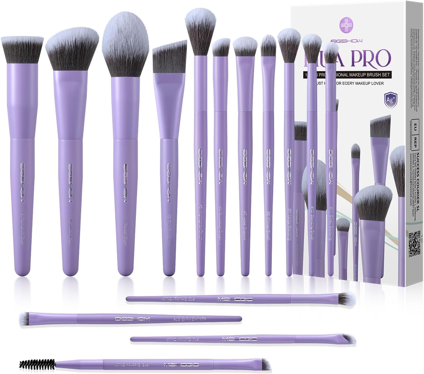 EIGSHOW Makeup Brushes Set, 15Pcs Professional Make up Brush with Silver Ion Bristles for Foundation Powder Blush Highlighter Concealer Eyeshadow Eyeliner, Travel Gift Set (Matte Purple)