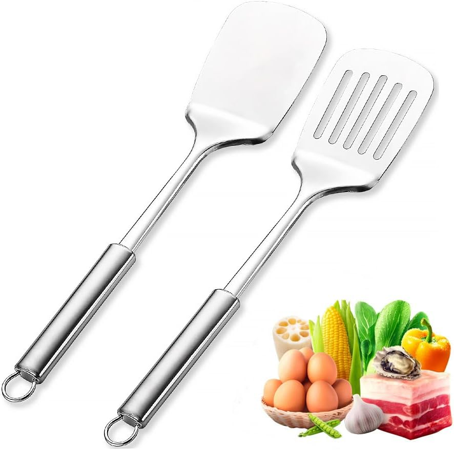 Stainless Steel Spatulas Set,Silver Slotted Turner, Solid Turner,Heavy Duty Sturdy Kitchen Spatula High Heat Resistant, Ideal Cookware,Dishwasher Safe, Easy to Clean (2Pcs) image number 6