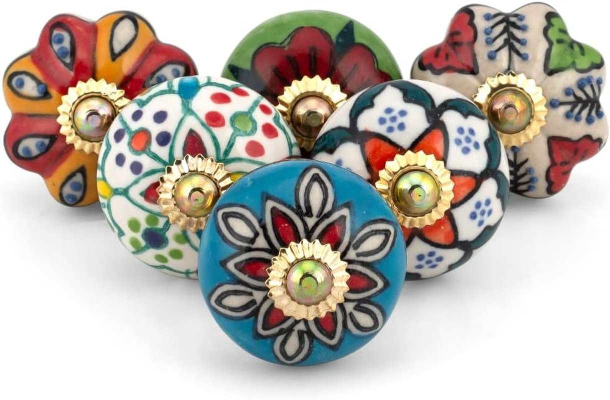 ATCUSA Vintage Multi Designed Decorative Ceramic Cupboard Kitchen Cabinet Door Knobs Bathroom Dresser Almirah Drawer Pulls Retro Handles Boho Classical Glazed Hardware (White Gold New - Pack of 6)