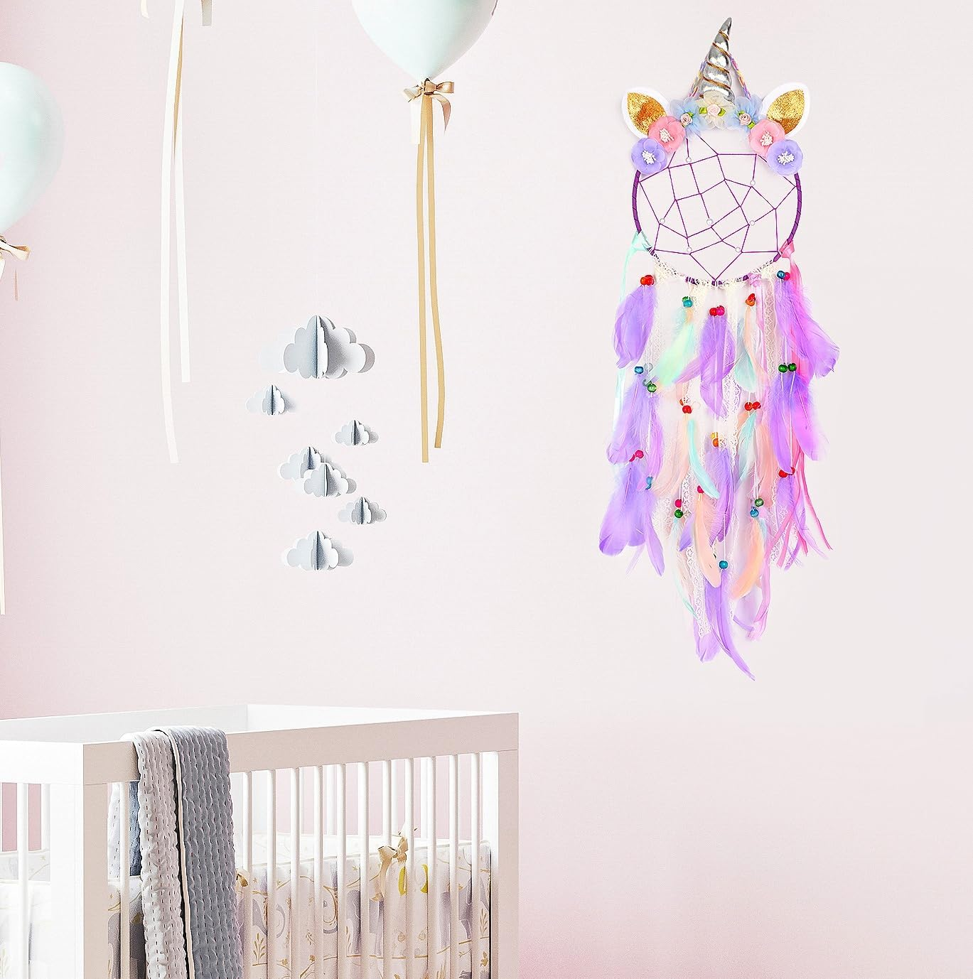 Taefuhnn Unicorn Dream Catcher Wall Hanging Ornament with Colorful Feathers Beads for Baby Girls Bedroom Decor, Purple Unicorn Dream Catcher for Home Decor Handmade Crafts Baby Shower Festival Gift image number 1
