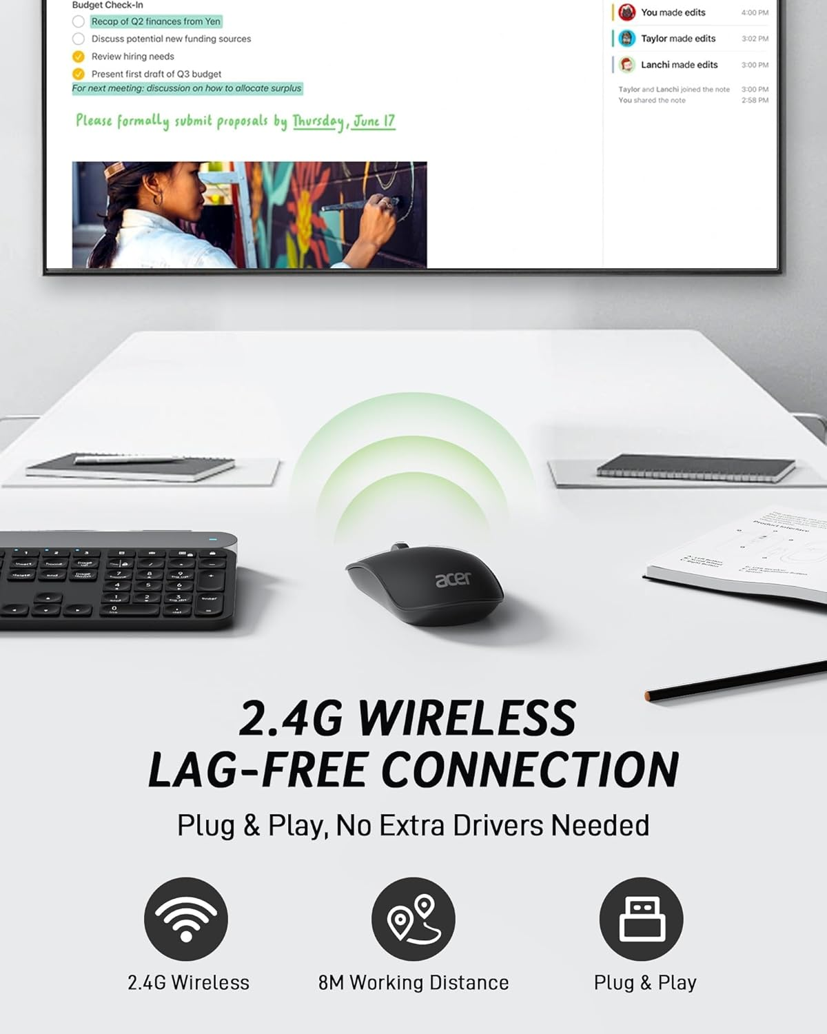 Acer Wireless Mouse for Computer, 1600 DPI Adjustable, 2.4G USB Cordless Silent Mice with Nano Receiver, for Laptop, Computer, PC, Macbook, Chromebook - Black image number 1