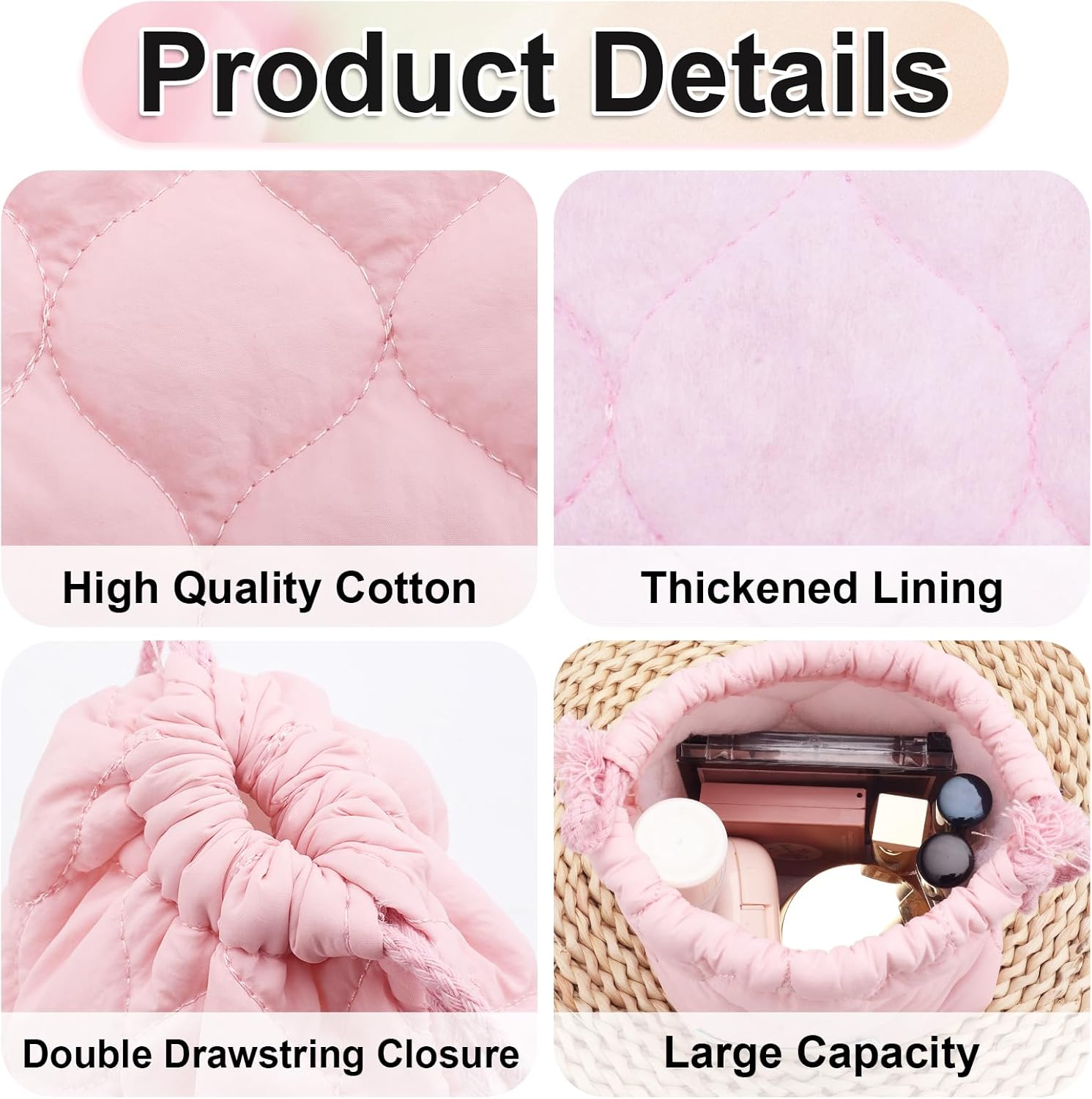 TUCEWP Cotton Quilted Drawstring Makeup Bag Small Cosmetic Bag Preppy Portable Toiletry Pouch for Purse Cute Pink Travel Organizer Bags Aesthetic Mini Storage Bags for Women Girls Kids Mama Gift image number 3