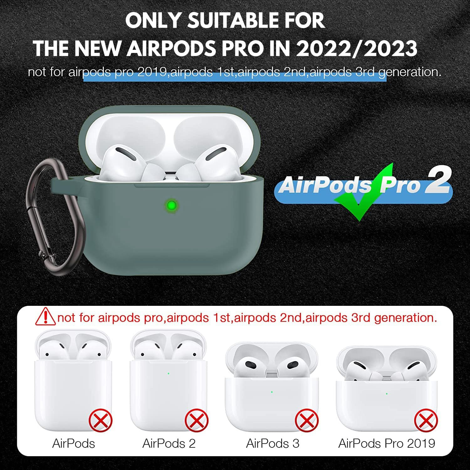 T Tersely Silicone Case Cover Compatible with Airpods Pro 2(2022 2023) - Premium Silicone with Hook, Supports Wireless Charging, Shockproof Protection (Green) image number 4