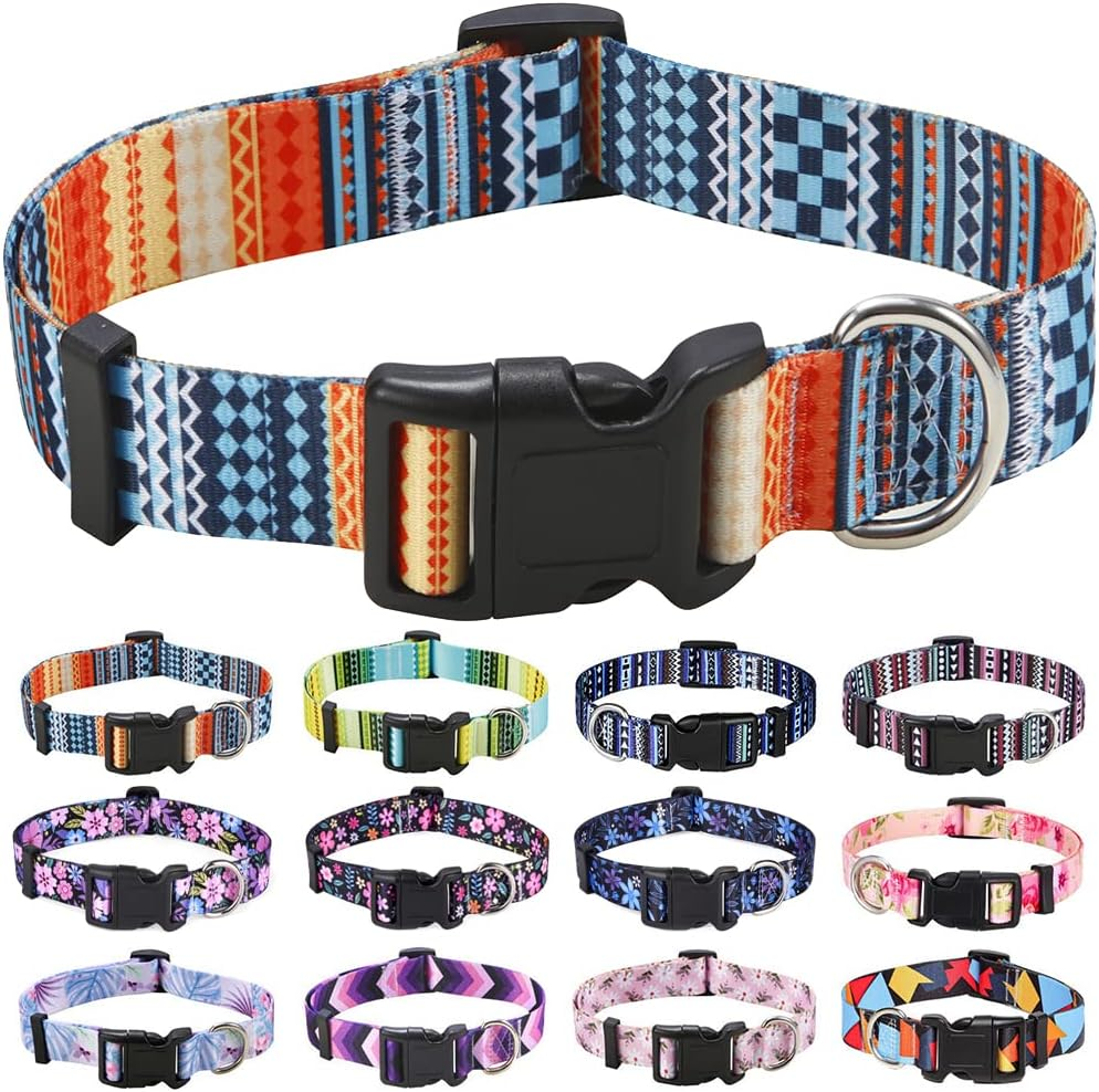Mihqy Dog Collar with Bohemia Floral Tribal Geometric Patterns - Soft Ethnic Style Collar Adjustable for Small Medium Large Dogs