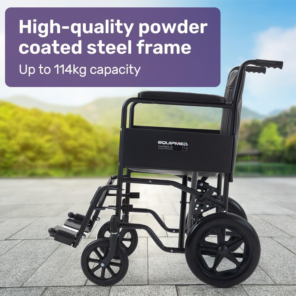 "Equipmed Folding Transit Manual Wheelchair, Attendant Propelled, Steel Frame, Wide Seat, Comfortable for S-XL, 114Kg Capacity, Park Brakes, Transport" image number 1