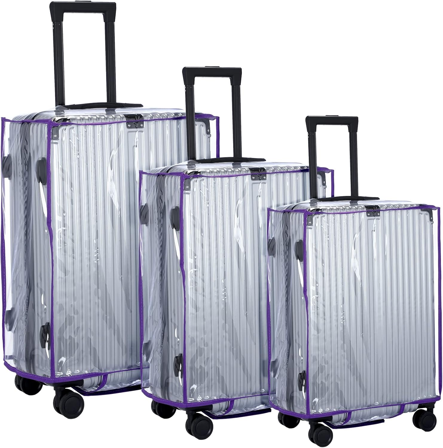 3 Pcs PVC Luggage Cover Waterproof Transparent Suitcase Cover Thicken Luggage Protector for Travel, Fits 20" 24'' 28" Case, Purple, 20 Inch, 24 Inch, 28 Inch, Suitcase Luggage