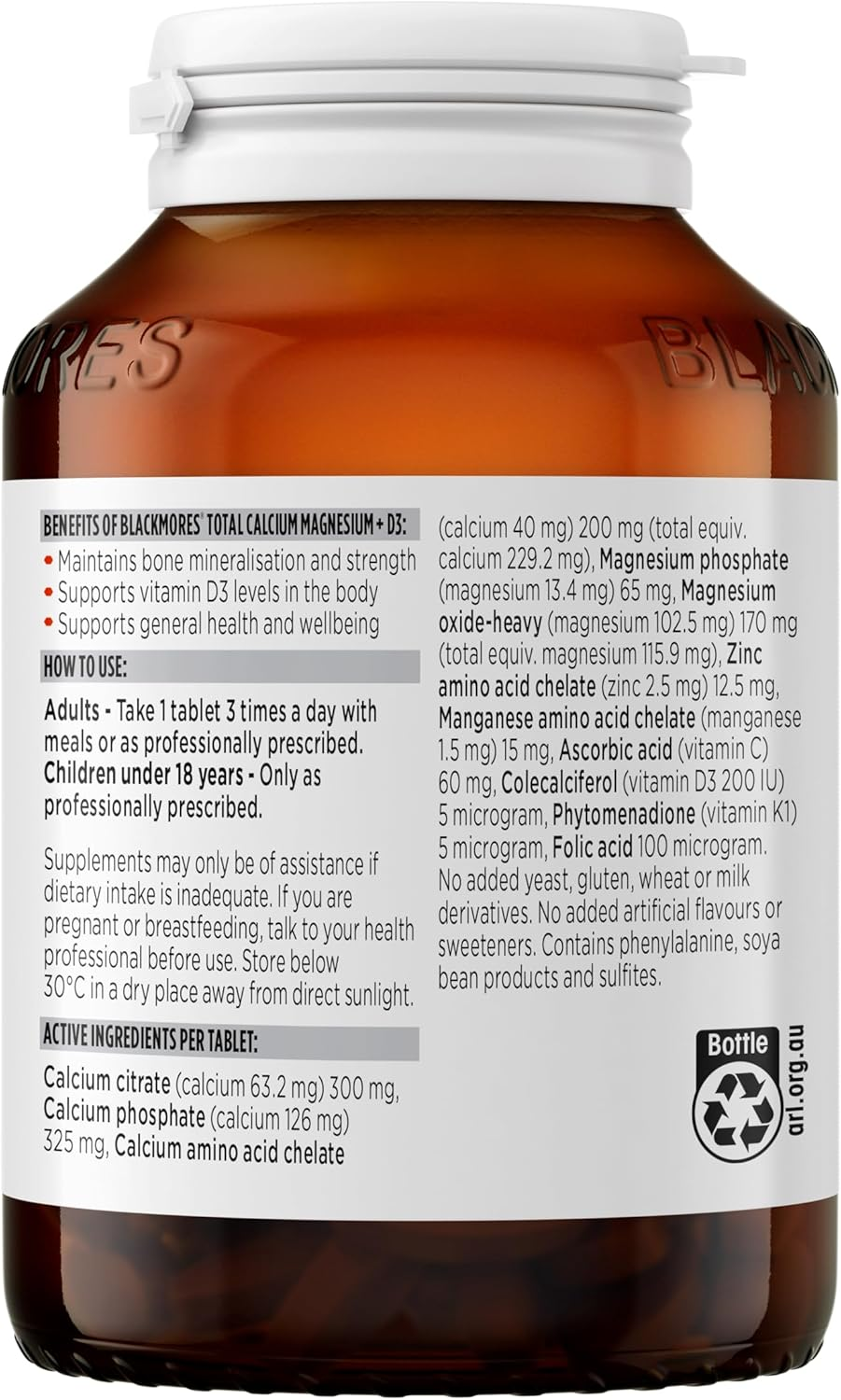 Blackmores Total Calcium Magnesium + D3 | Supports Bone Health & Muscle Function |125 Tablets