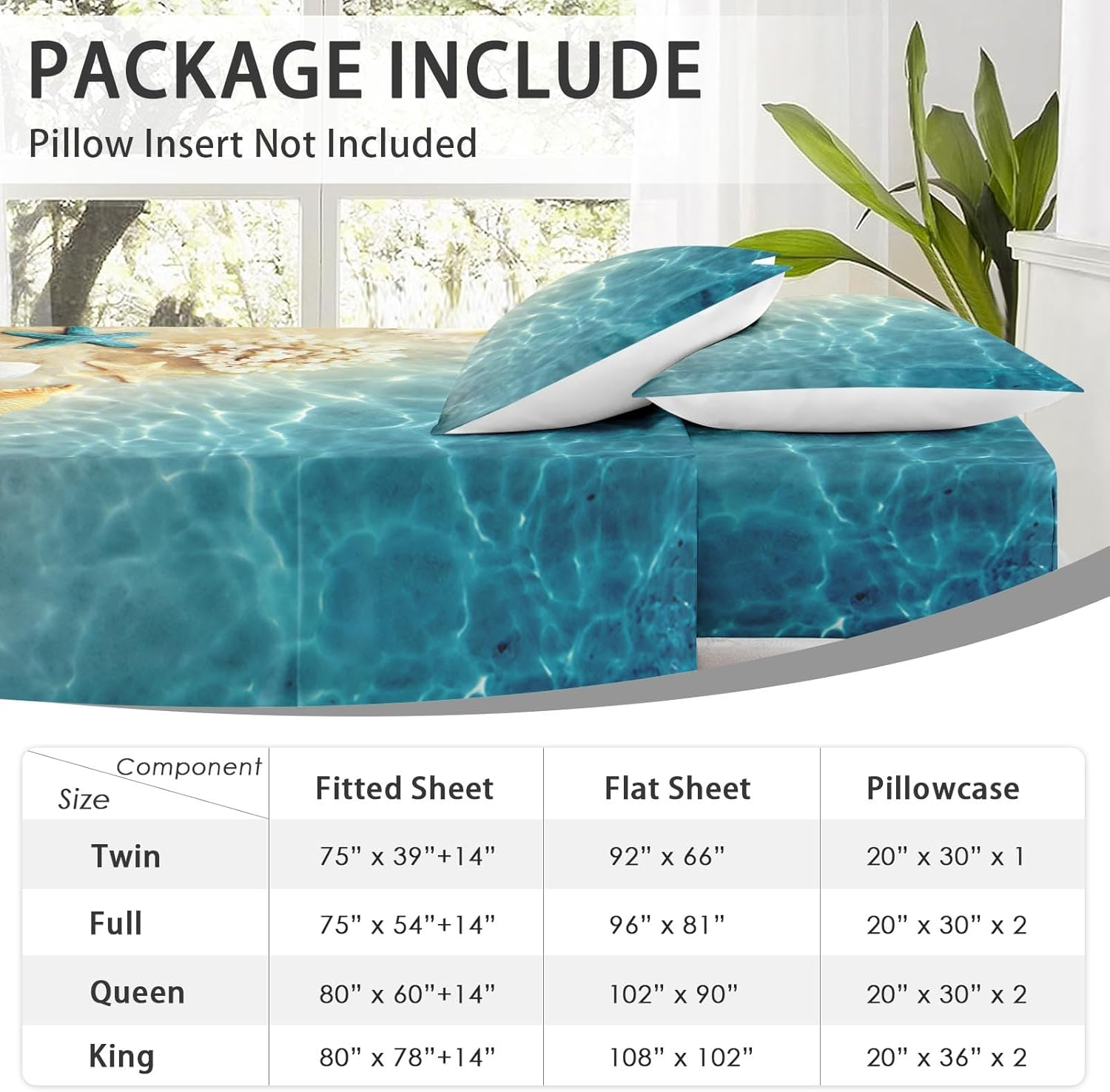 Wecozy Full Size 4 Pcs Bed Fitted Sheet Set with 14" Deep Pocket, Summer Seashell Beach Flat Sheet Set for Kids and Adults, Blue Sea Shell Animal Bedding with 2 Pillowcases for Bedroom Decor image number 7