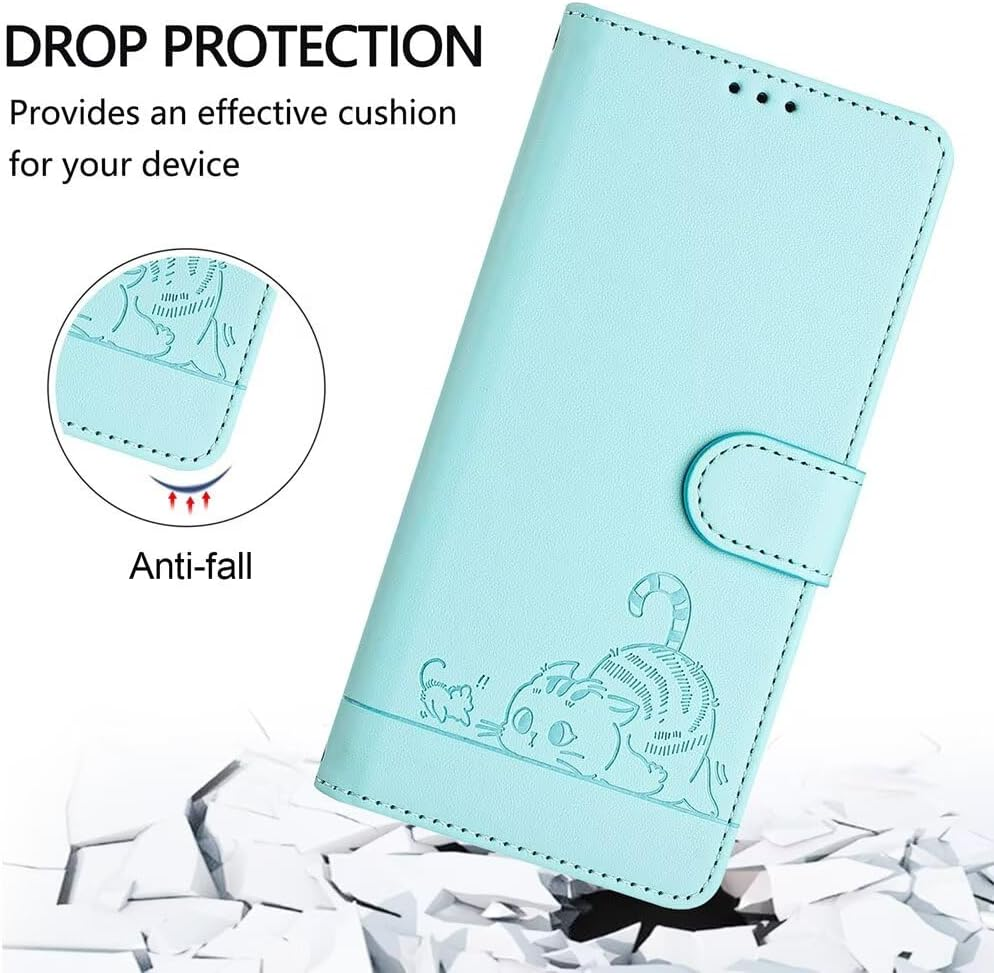 SEAHAI Case for Motorola Edge 60 Fusion/Edge 60 5G Phone Case, Cute Embossed Cat Premium PU Leather Folio Wallet Shockproof Protective Case with Stand/Card Slot/Rfid Protection, Light Green - Black image number 3