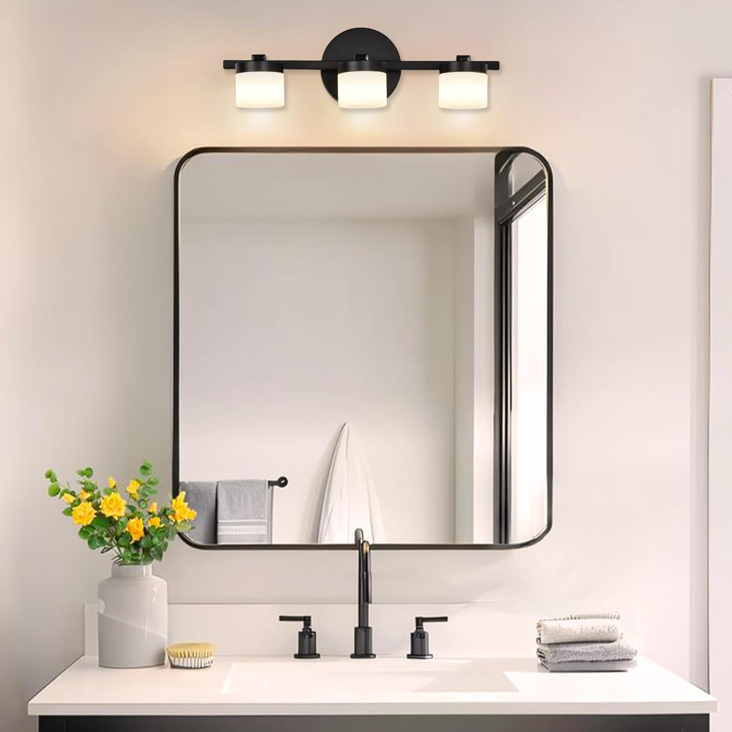 Modern Bathroom Vanity Light 3-Light LED 3000K, 40Cm Black Wall Light with Acrylic Crystal Shades, over Mirror Lighting Fixture image number 5