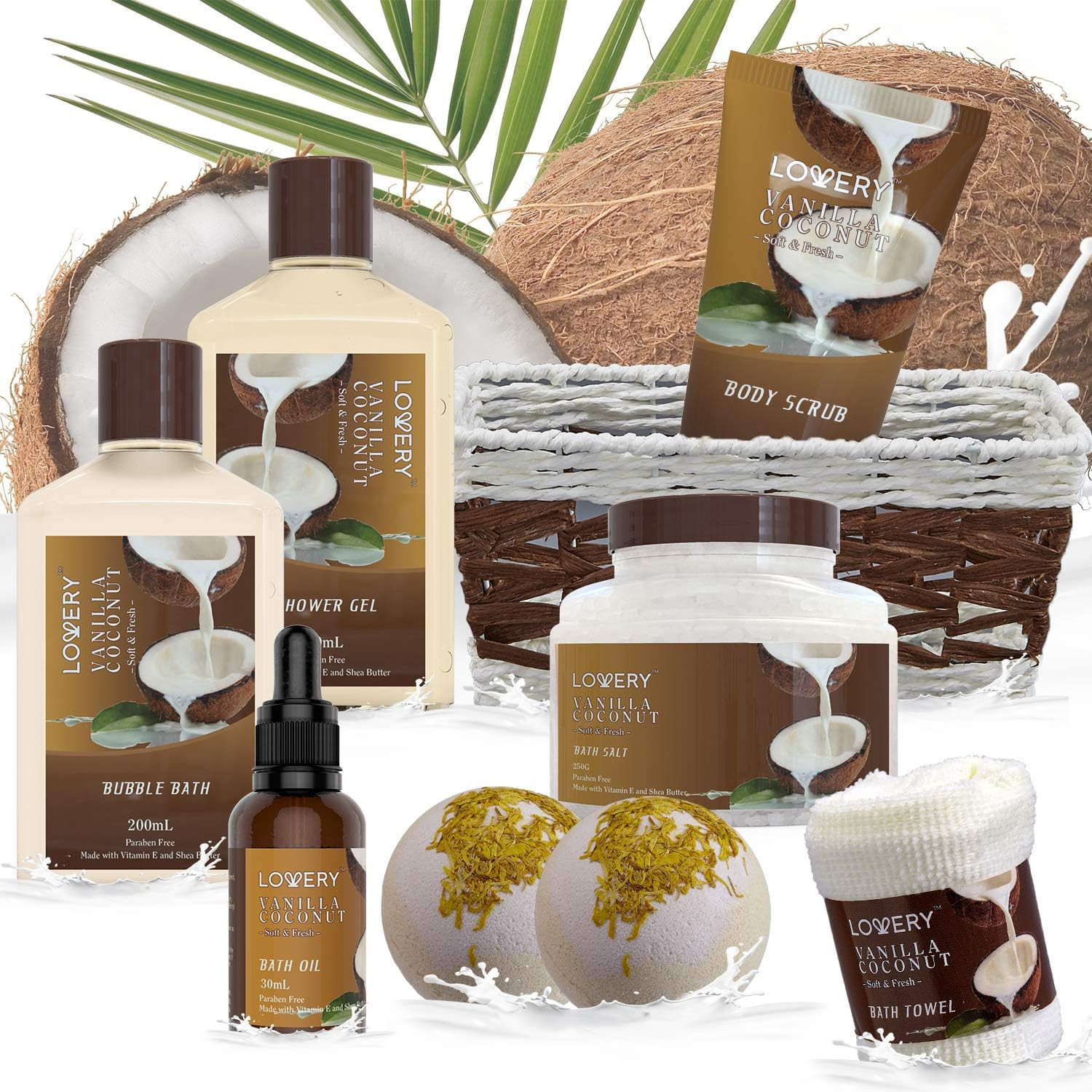 Bath and Body Gift Basket for Women and Men - 9 Piece Set of Vanilla Coconut Home Spa Set, Includes Fragrant Lotions, Extra Large Bath Bombs, Coconut Oil, Luxurious Bath Towel & More image number 5