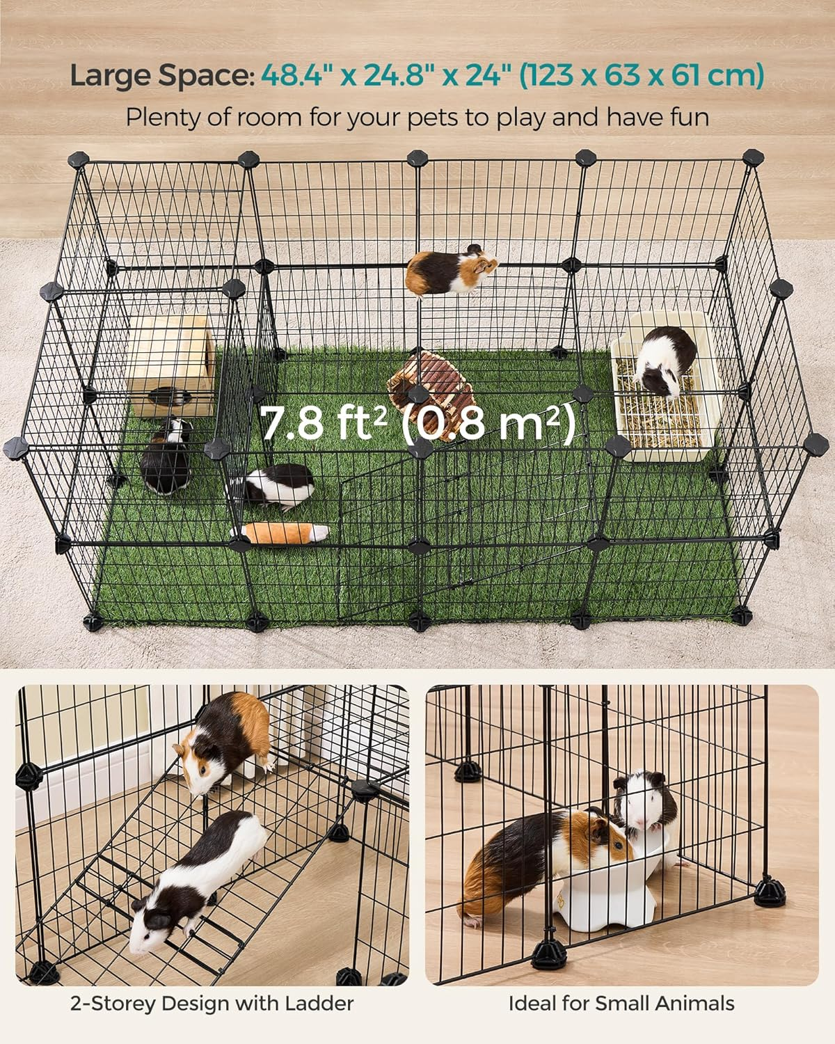 SONGMICS 2-Floor Metal Pet Playpen, 36 Grid Panels, Customisable Cage Enclosure for Small Animals, Guinea Pigs Hamster Runs, Rabbit Hutches, Includes Mallet, Indoor, 123 X 63 X 61 Cm, Black LPI002B01 image number 1
