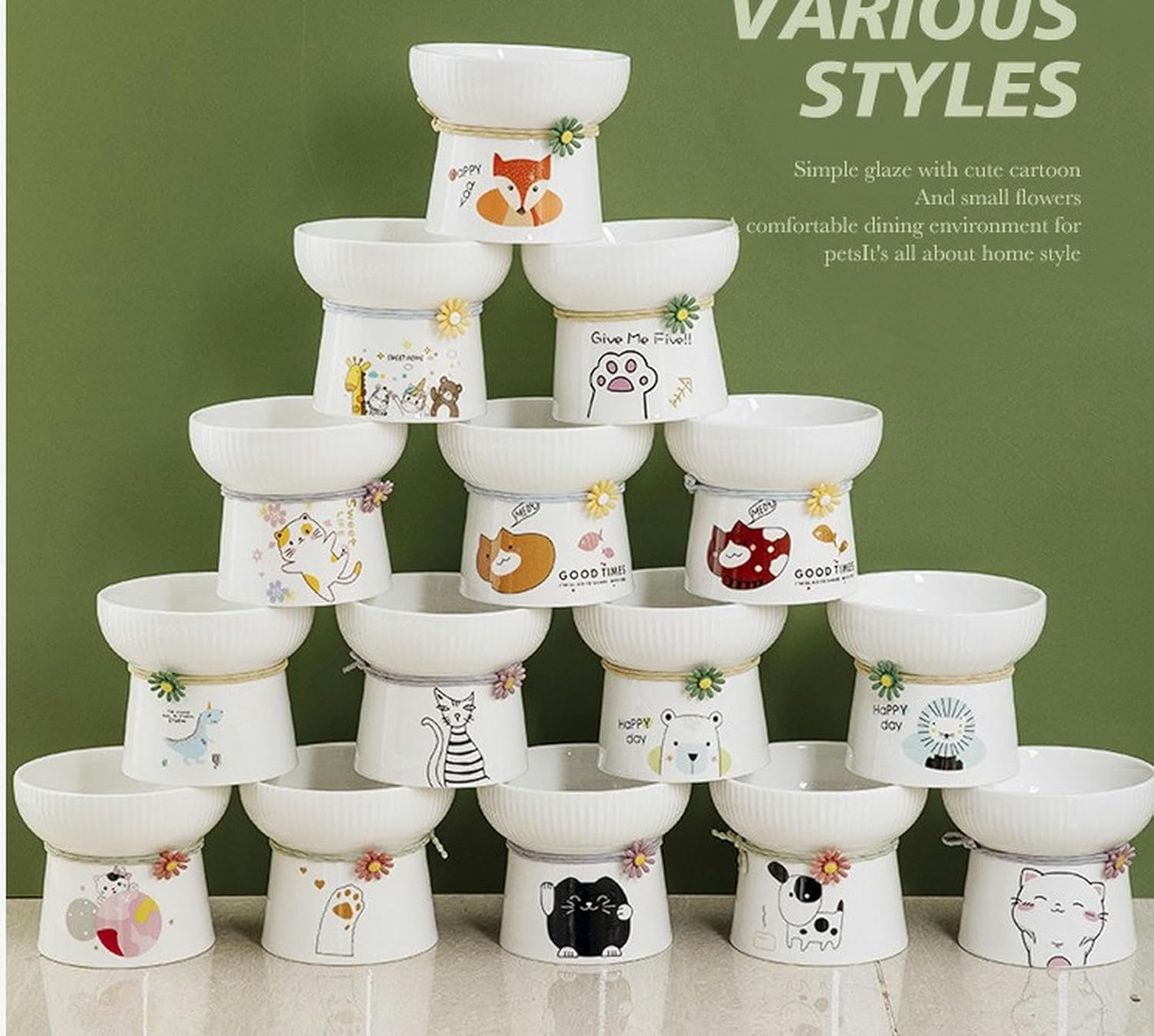 1Pc Pet Drinking Water Japanese Cute Ceramic Grain Bowl Cat and Dog High Foot Bowl Neck Protection Bowl-Moderate-Low Foot Pure White Random image number 4