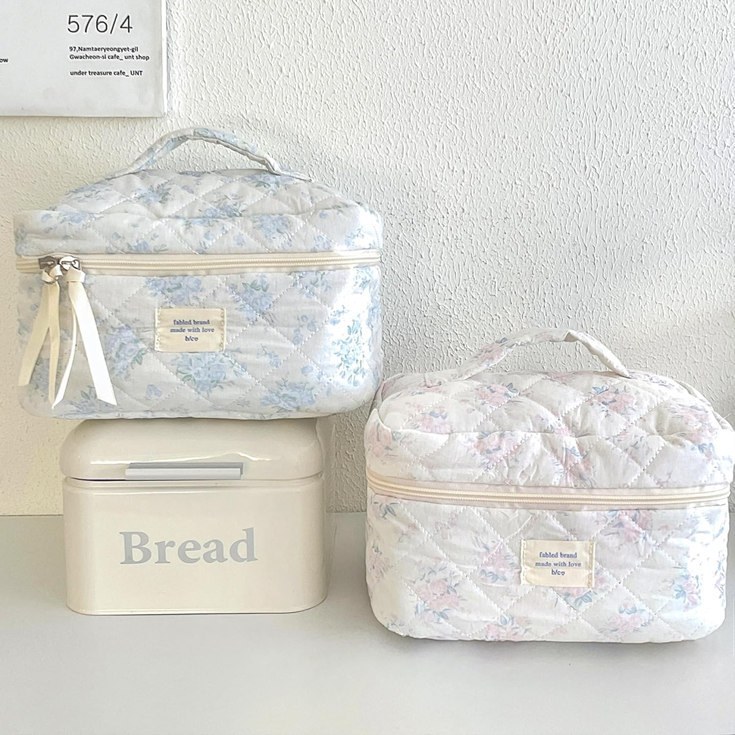 Makeup Bag Large Travel Quilted Cosmetic Makeup Bag Organizer, Floral Cotton Coquette Aesthetic Toiletry Bag for Women Girls, Blue Romantic Rose-L, Floral - Blue Floral image number 3