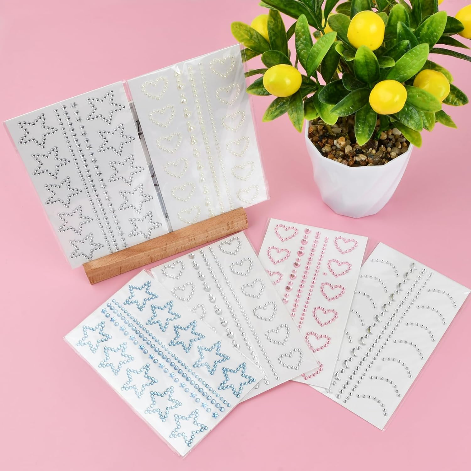 6 Sheets Rhinestone Stickers Face Jewels Gem Stickers, Makeup Rhinestones Stick On, Self Adhesive Jewel Stickers, Self Adhesive Face Gems for Makeup Heart Star Moon Faces Rhinestone Stickers for Women image number 5