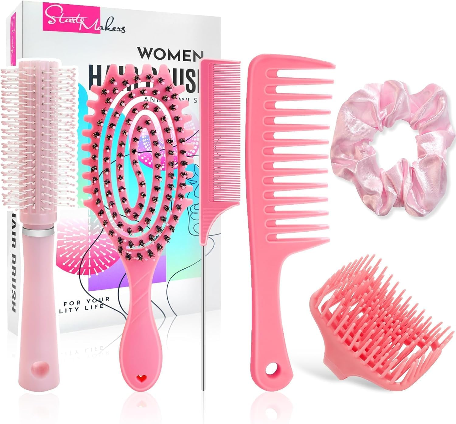 Hair Brushes Set, Curl Defining Boar Bristle Detangling Hair Comb Set for Women Men with round Brush, Wide-Tooth Comb, Rat Tail Comb, Scalp Shampoo Brush and Satin Scrunchie (Pink)