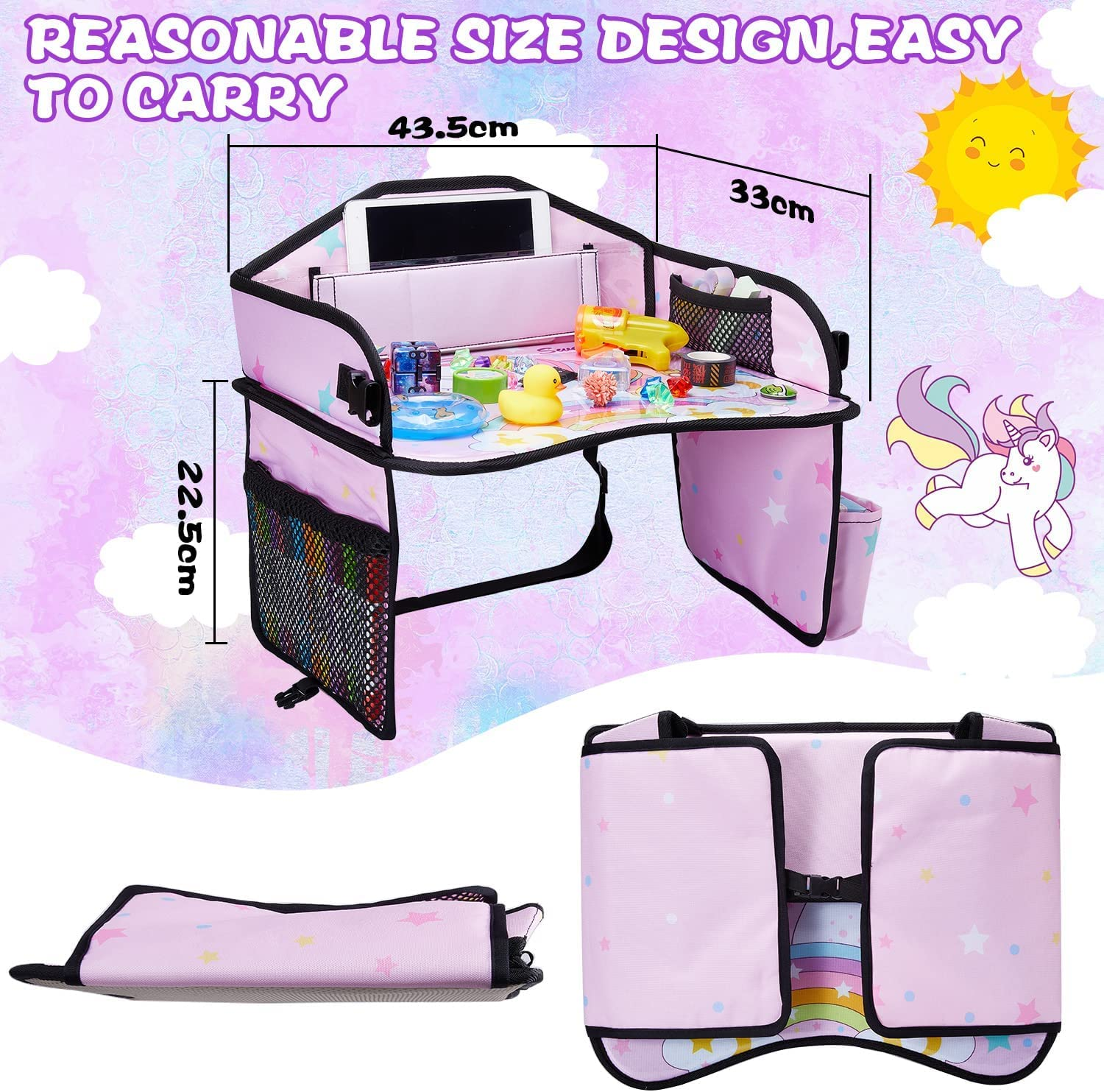 Lordap Kids Travel Tray for Toddler Car Seat,Toddler Car Seat Tray Organizer,Large Ipad Holder a Road Trip Essential,Soft Padding,Waterproof,Food & Snack Lap Tray Carseat,Stroller,High Chair (Pink) image number 6