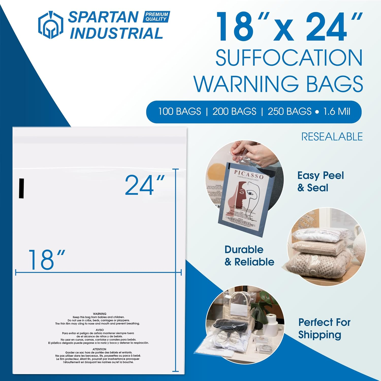Spartan Industrial - 18&rdquo; X 24&rdquo; (200 Count) Self Seal Clear Poly Bags with Suffocation Warning for Packaging, Clothes - Resealable Glue image number 2