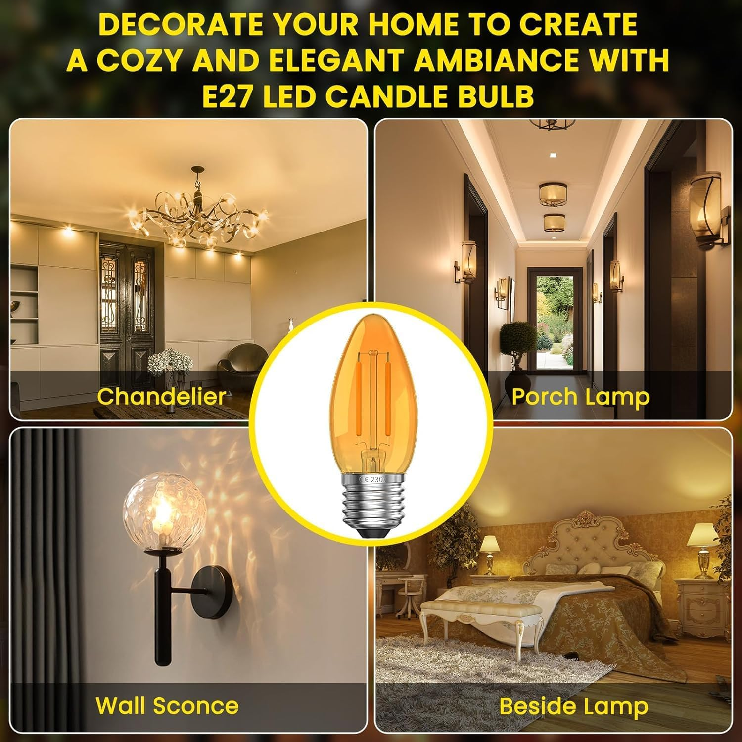 2W E27 LED Vintage Light Candle Bulbs - E27 Edison Screw LED Bulb Ultra Warm White 2200K C35 Dim Low Watt Light Bulb Amber Glass Orange Bulbs,Equivalent 20W,Non-Dimmable,2-Pack image number 4