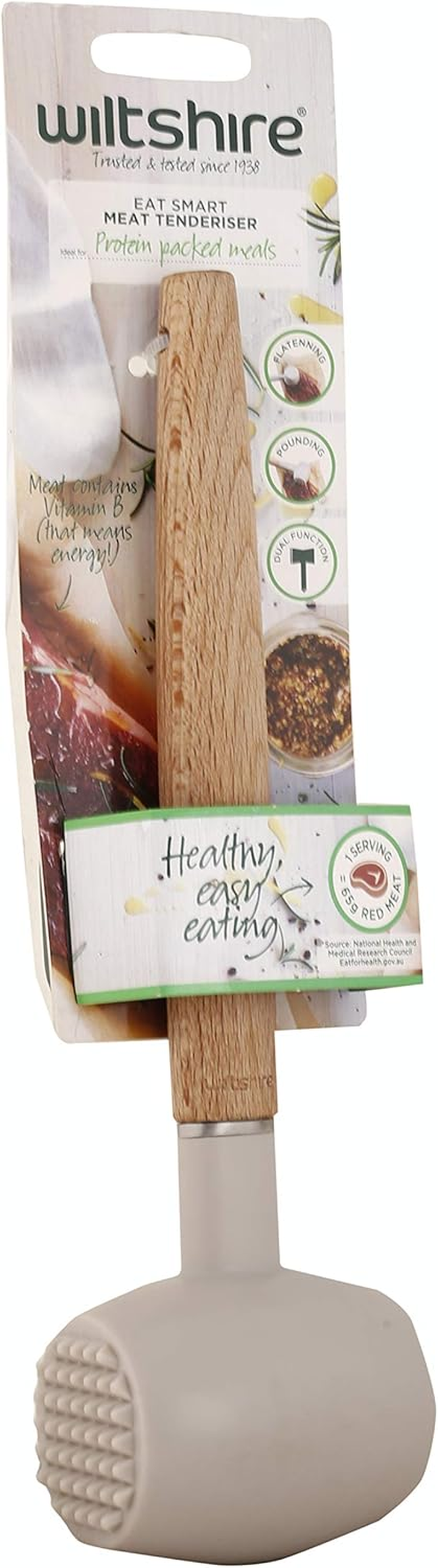 Wiltshire EAT Smart Meat Tenderiser, Double Sided Meat Mallet, Wooden Handle Kitchen Utensil, Durable Tenderising Hammer (Colour: Brown, Cream) image number 5