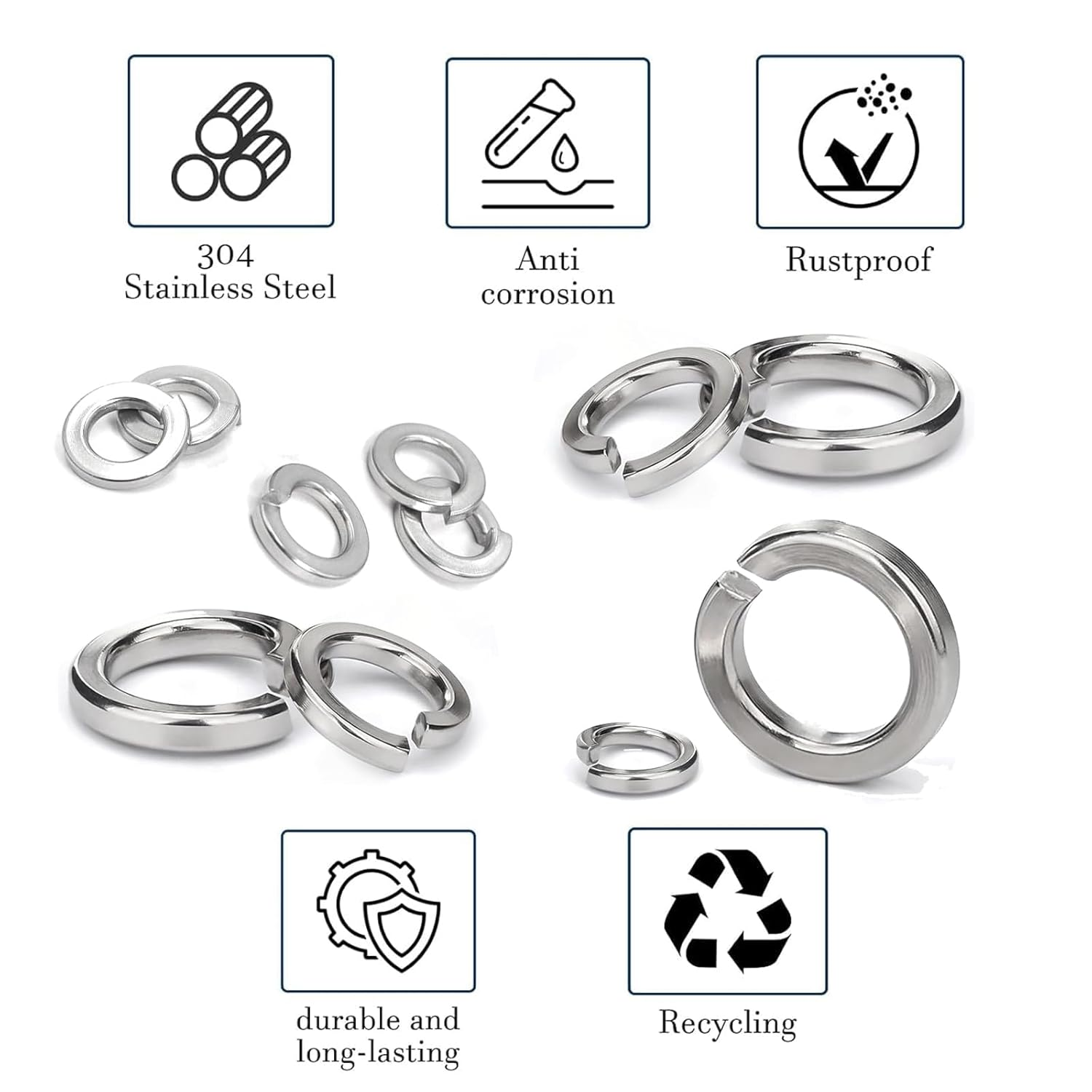 Ymaiss 480Pcs 304 Stainless Steel Spring Lock Washers Assortment Kit, 9 Sae&Metric Sizes Split Lock Washers Sets for Screws and Bolts M2 M2.5 M3 M4 M5 M6 M8 M10 M12 image number 5