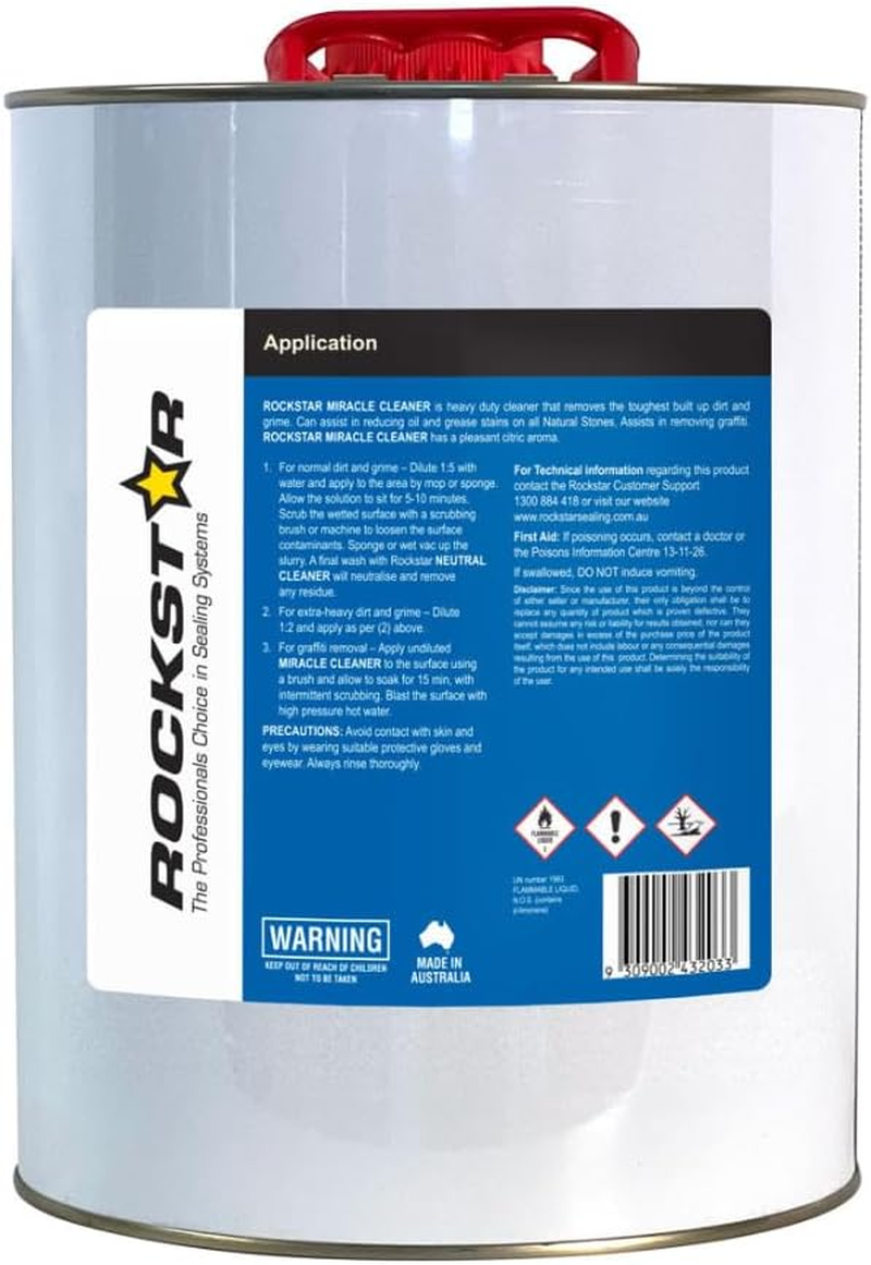 Rockstar MIRACLE CLEANER 5L, Heavy Duty - for Built up Dirt & Grime. Will Dissolve Soap Scum, Grease & Fat from Concrete, Terrazzo, Sandstone & Limestone. Removes Graffiti - an Excellent Grout Cleaner