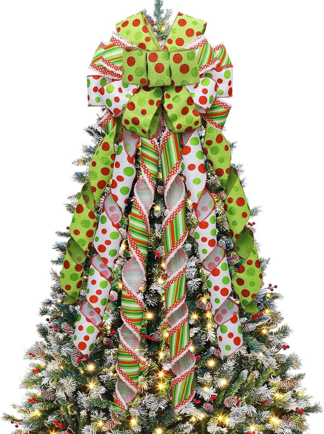 Christmas Tree Topper Large Green Christmas Bow Tree Topper, Candy Green Stripe Swirl Gift Bow for Xmas Tree Handmade Holiday Party Home Wedding Indoor/Outdoor Decorations -13 X 45 Inch