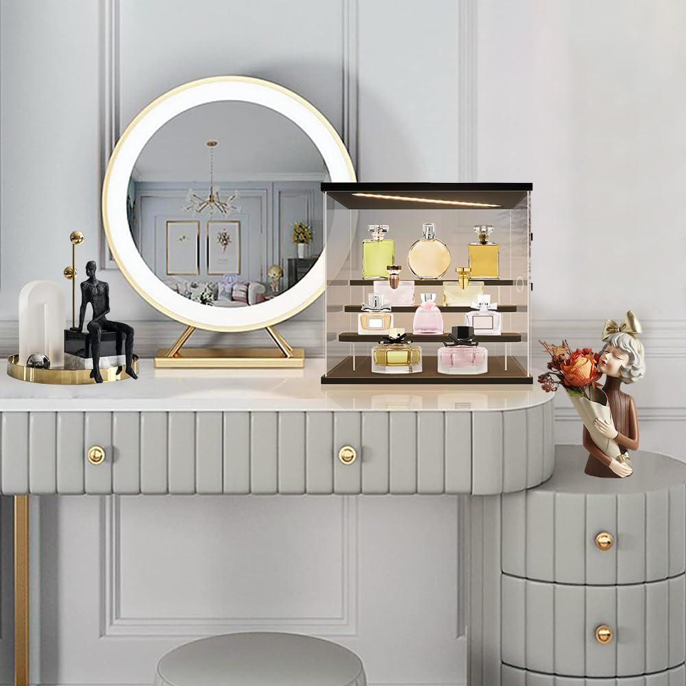 Clear Acrylic Display Case with 3-Color Light,4 Level Stand Display Box with Wooden Base Countertop Dustproof Showcase for Display Collectible Pop Figures and Toys,Toys Not (4 Tier Black) - 4 Tier Wood image number 3