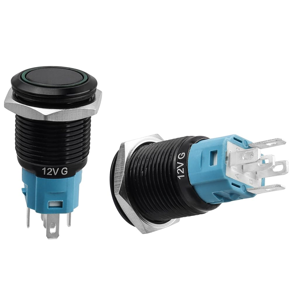 Yakamoz 2Pcs 16Mm Latching Push Button Switches, 12V on off Reset Button with Sockets Green LED Wiring Harness, Waterproof Marine Push Button for Car (Black Shell) image number 6