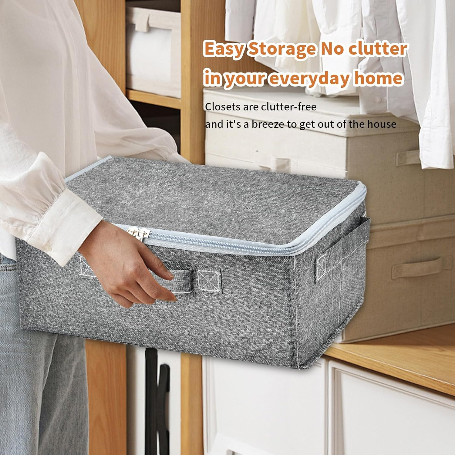 Hnonoxy 2Pcs Fabric Organiser Box, Grey, Storage Box with Lid, Organiser Box with Large Capacity for Clothes, Toys, Bedroom Organisation (38 X 25.5 X 16 Cm) image number 4