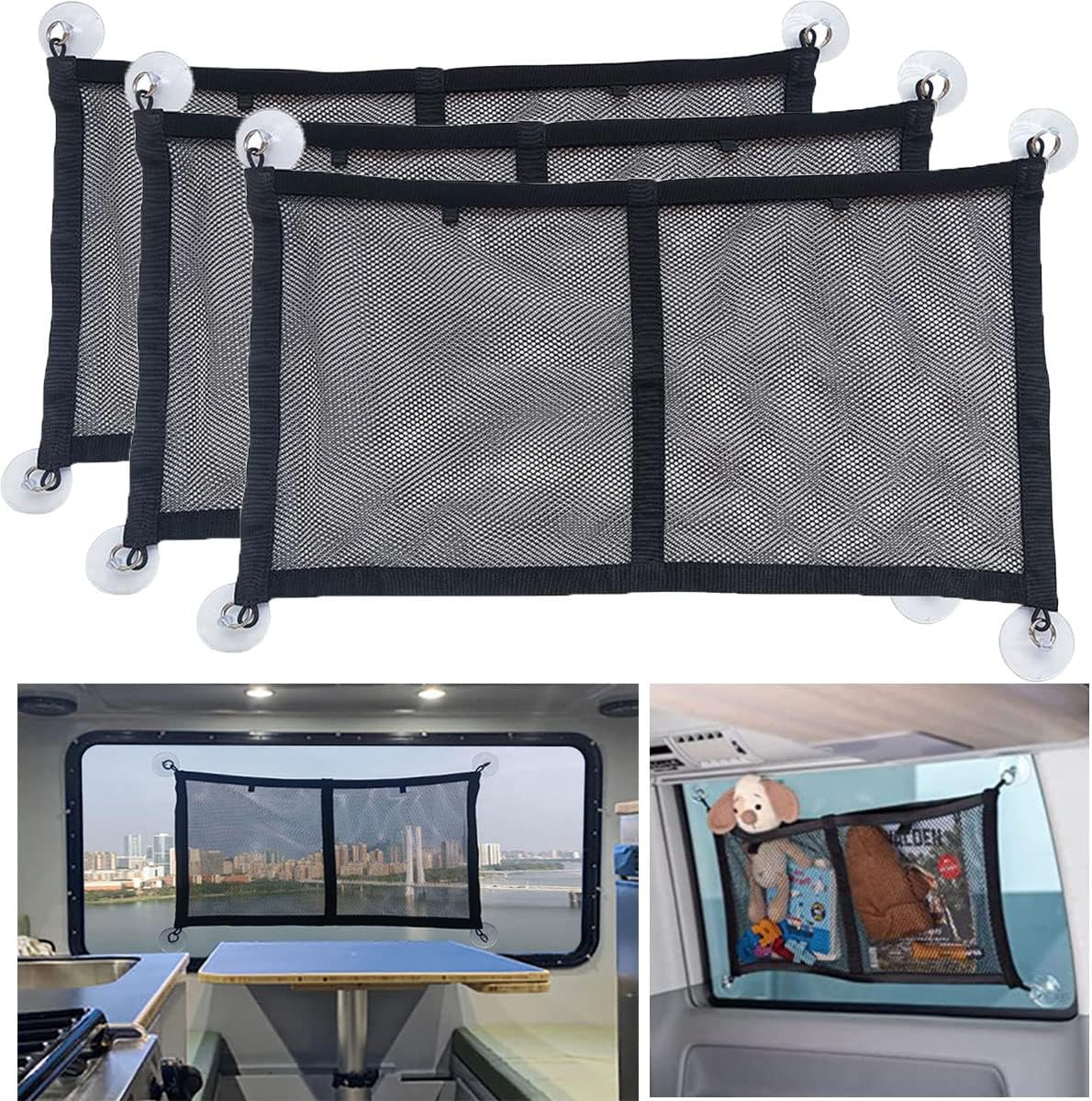 Etomvoop 3PCS Car Cargo Storage Net, Car Windows Suction Cup Hanging Bag Nylon Mesh Pocket Organizer Bag for Cargo Vans, Motorhomes, Mobile Homes, Caravans, Boats (Middle-3Pcs) image number 1