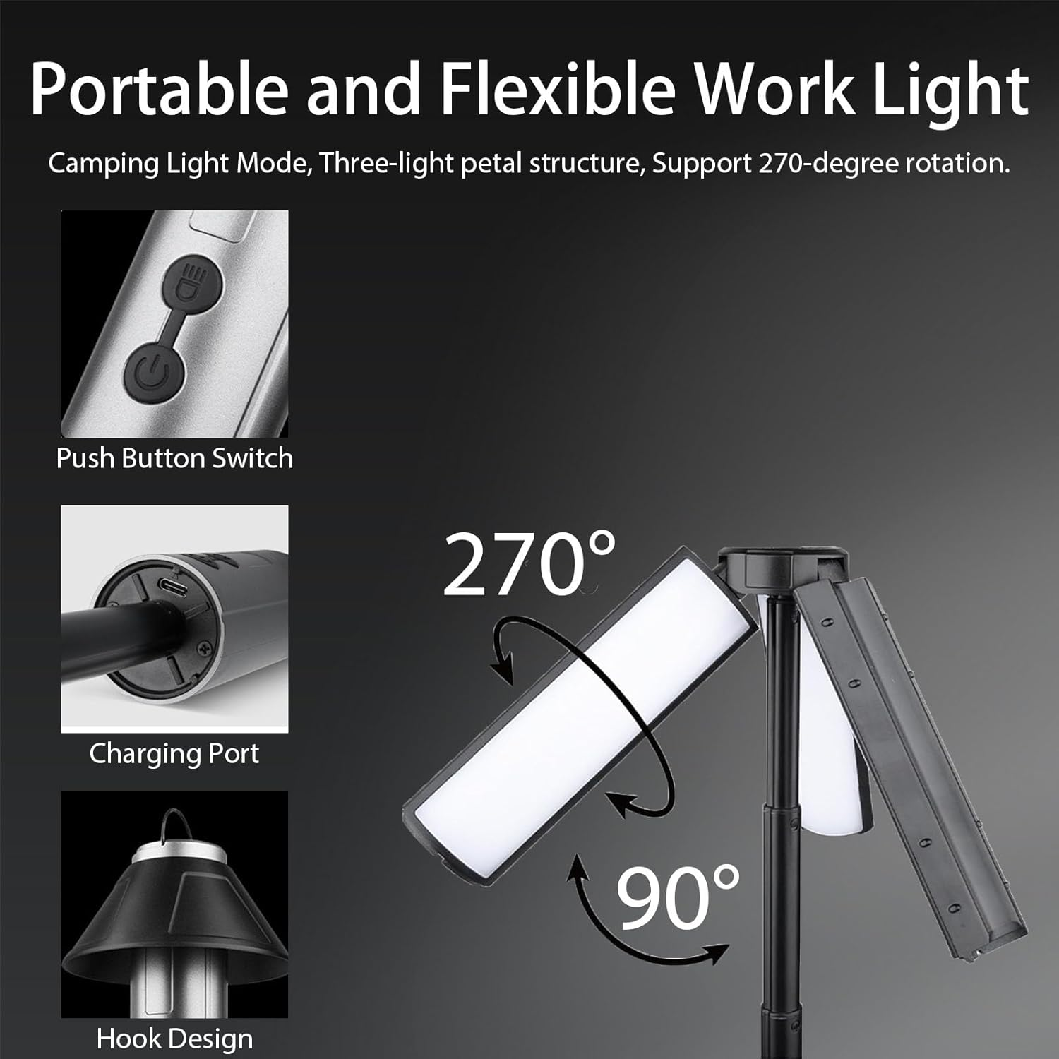 SWNEPOF Rechargeable Camping Lantern with 3000Mah Battery, Telescopic Triple LED Heads Flashlight, 5 Lighting Modes, IPX4 Waterproof Portable Collapsible Light for Camping, Hiking, Emergency Use image number 5