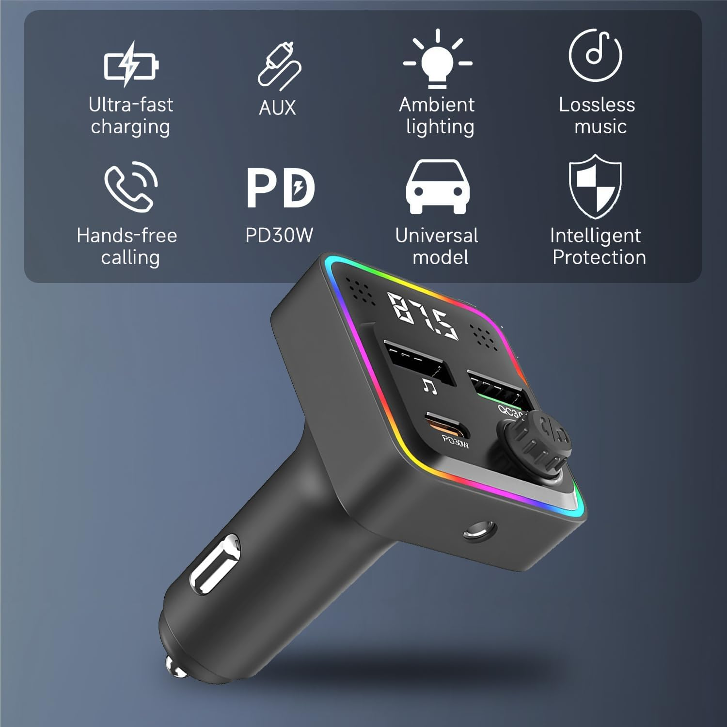 QUMOX Bluetooth 5.3 FM Transmitter Car Charger, PD30W USB-C + QC3.0 Fast Charging, 7-Color Ambient Light, Hands-Free Calling, Dual USB Ports, Universal 12-24V Car Compatibility image number 3