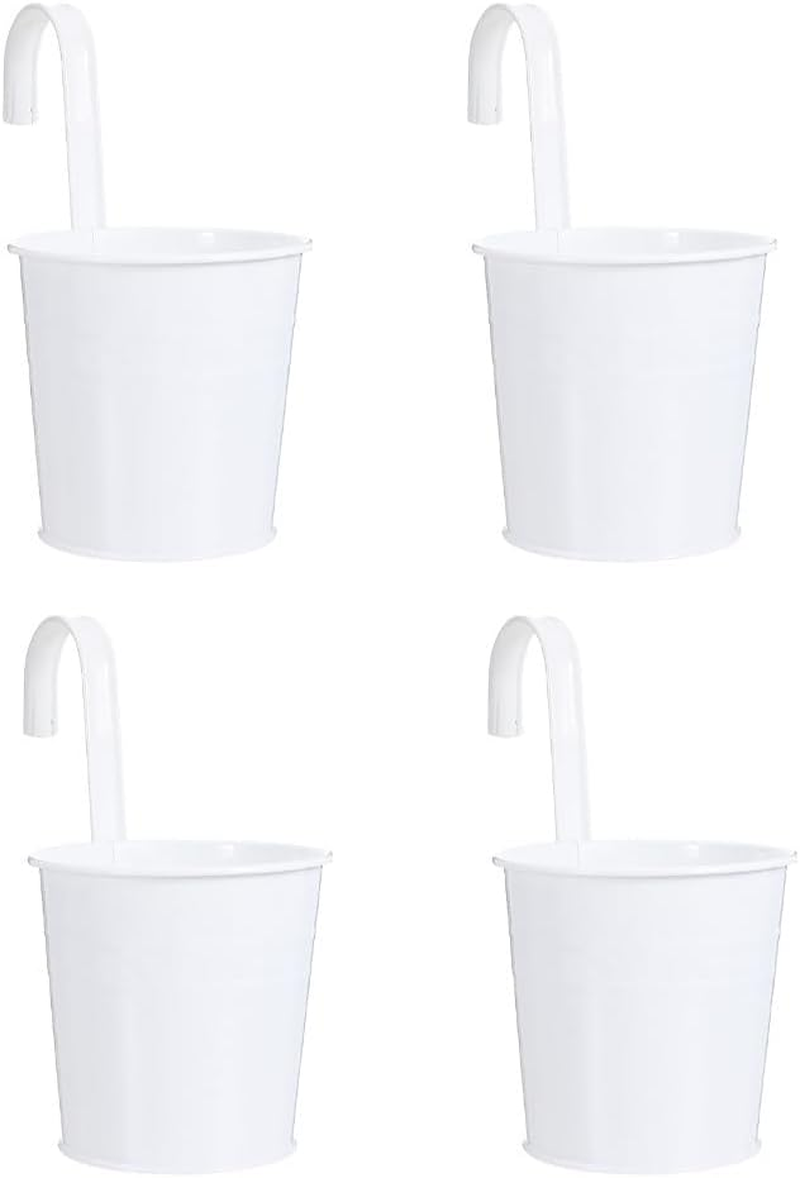 Yardwe 4 Pcs Hanging Flower Pots Metal Iron Balcony Planter Pots Wall Planter Bucket Flower Holders with Detachable Hooks, White image number 5