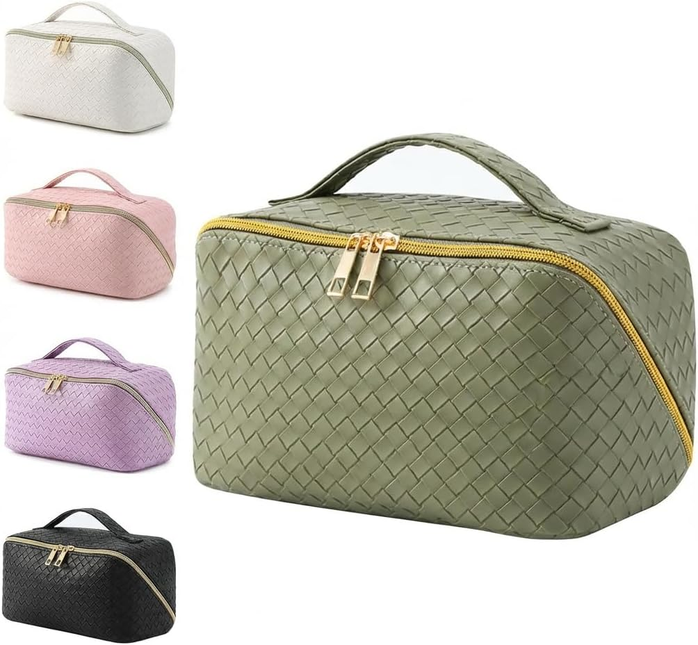 Large Capacity Makeup Bag with Handle & Dividers | Wide-Open Waterproof Travel Cosmetic Organiser for Women Toiletry Bag for Makeup Brushes & Beauty Essentials (Green)