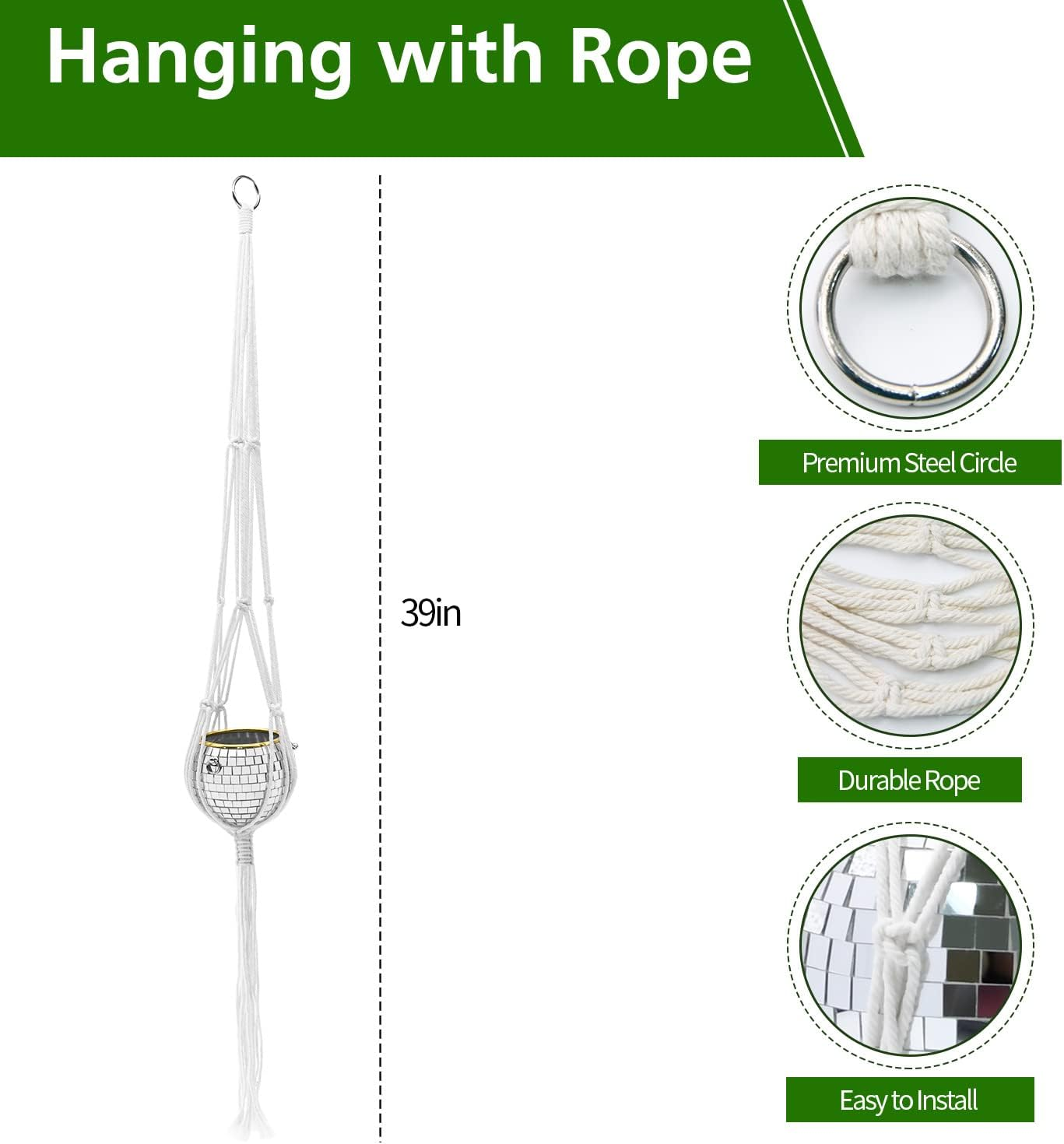 FGBNM Disco Ball Planter, 4" Silver Disco Ball Planter, Disco Ball Plant Hanger with Hanging Rope, Hanging Chain, Hook, Circle and Extra Mirror Pieces (4" Silver, 1Pcs) image number 3