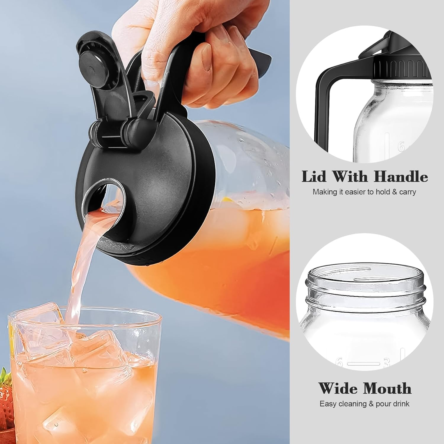 Mason Jar Pitcher,64Oz/2 Quart Wide Mouth Glass Pitcher with Airtight Seal Lid and Spout,Ice Tea Pitcher Nice for Milk, Cold Brew Coffee,Iced Tea,Fruit Tea image number 1