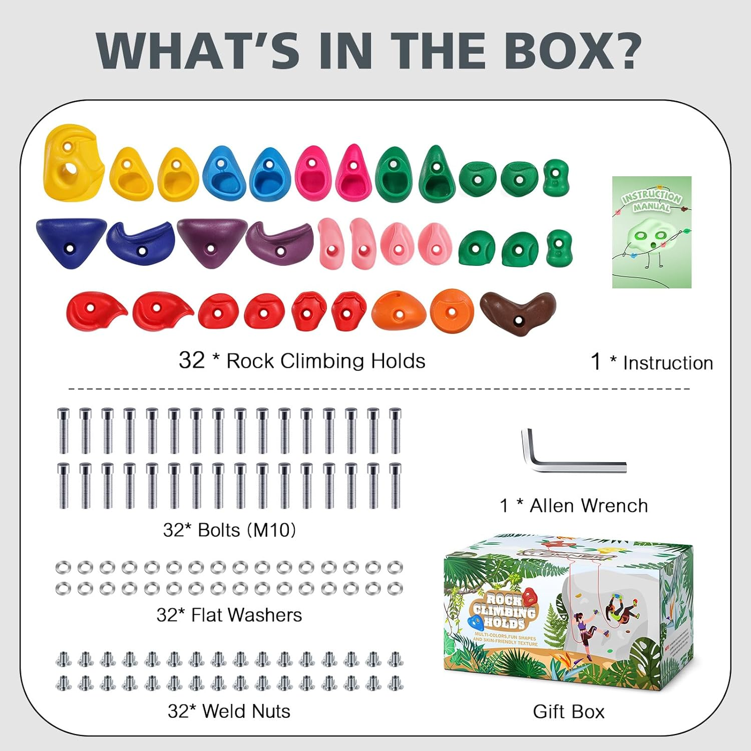 TOPNEW 32 Rock Climbing Holds Multi Size for Kids, Adult Rock Wall Holds Climbing Rock Wall Grips for Indoor and Outdoor Playground Play Set - Includes 2 Inch Mounting Hardware image number 4