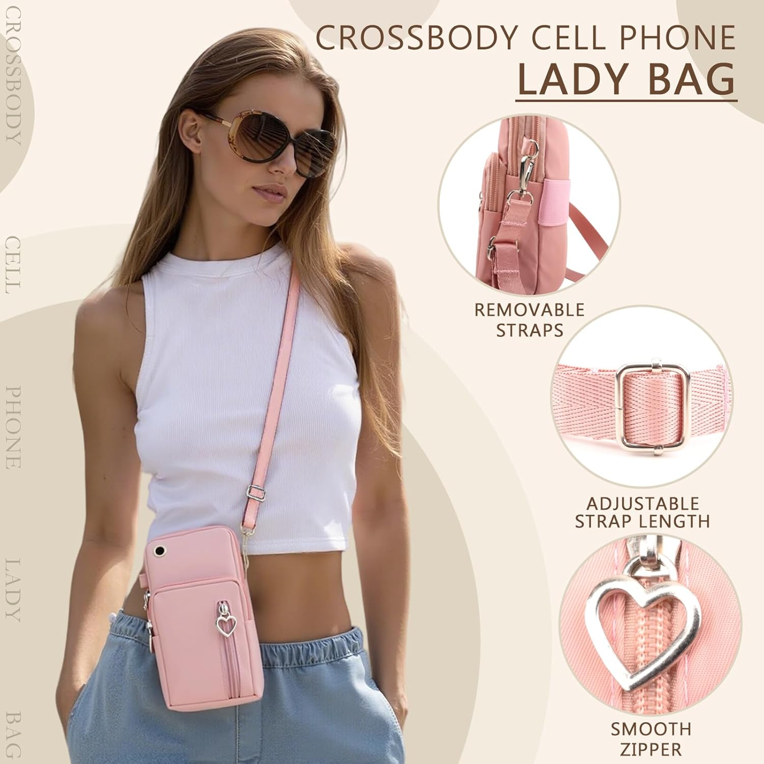 Women'S Nylon Crossbody Phone Bag, Small Cellphone Purse Cute with Zipper &ndash; Multi-Function Travel Handbag, Phone Wallet for Women, Soft Water-Resistant, Suitable for Phone PM (Pink) image number 4