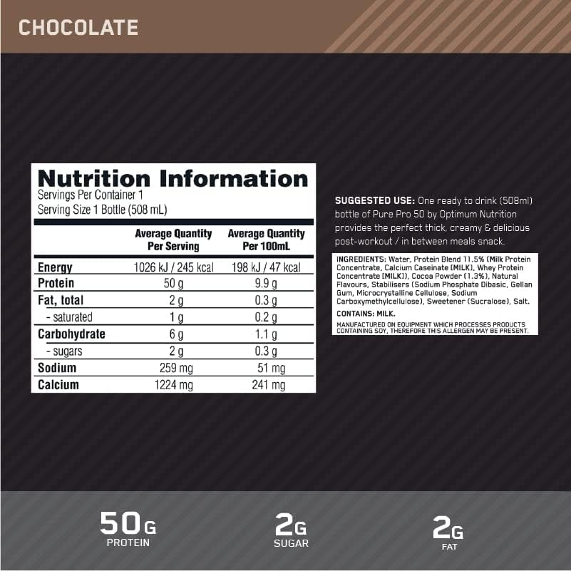 OPTIMUM NUTRITION Pure Pro 50 Protein Drink, Chocolate Flavour, 508Ml, 12 Pack image number 1