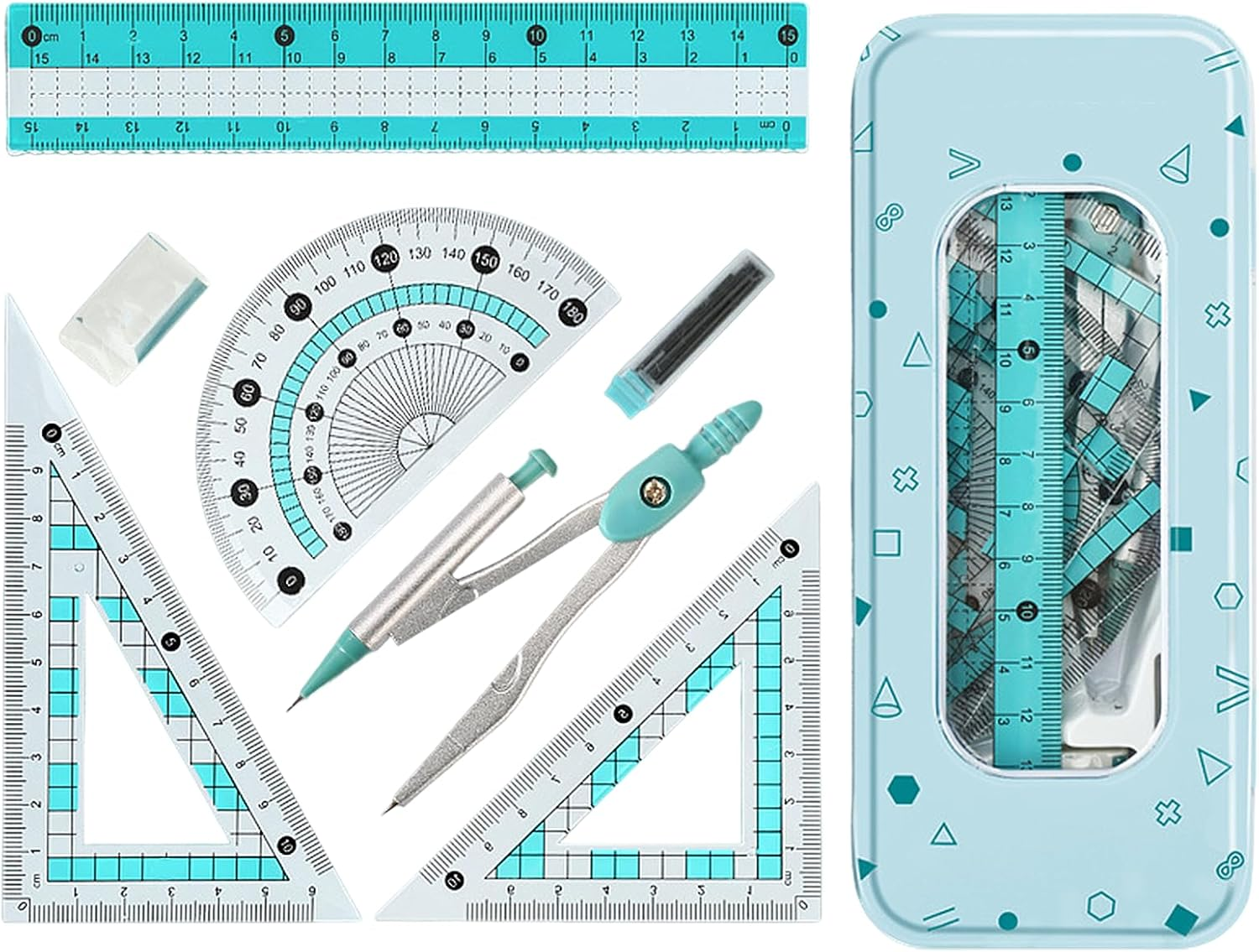 Compass Geometry Tool with Metal Box, 7 Pcs Assorted Math Set with Eraser & Refills, Protractor Ruler Kit for School, Class, Students (Pink)
